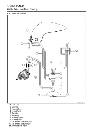 17-30 APPENDIX
Cable, Wire, and Hose Routing

CAL and SEA Models




  1. Fuel Tank
  2. Clamps
  3. Hoses (Blue)
  4. Hose (Red)
  5. Canister
  6. Separator
  7. Hoses (Green)
  8. Hose (White)
  9. To Throttle Body Assy #3
 10. To Throttle Body Assy #1
 11. Throttle Body Assy
 