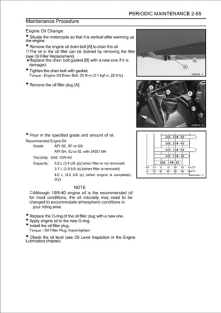 PERIODIC MAINTENANCE 2-55
Maintenance Procedure

Engine Oil Change
• Situate the motorcycle so that it is vertical after warming up
the engine.
• Remove the engine oil drain bolt [A] to drain the oil.
○The oil in the oil filter can be drained by removing the filter
(see Oil Filter Replacement).
  Replace the drain bolt gasket [B] with a new one if it is
  damaged.
• Tighten the drain bolt with gasket.
    Torque - Engine Oil Drain Bolt: 30 N·m (3.1 kgf·m, 22 ft·lb)

• Remove the oil filler plug [A].




• Pour in the specified grade and amount of oil.
Recommended Engine Oil
    Grade:    API SE, SF or SG
                    API SH, SJ or SL with JASO MA
      Viscosity: SAE 10W-40
      Capacity:     3.2 L (3.4 US qt) (when filter is not removed)
                    3.7 L (3.9 US qt) (when filter is removed)
                    4.0 L (4.2 US qt) (when engine is completely
                    dry)

                            NOTE
    ○Although 10W-40 engine oil is the recommended oil
    for most conditions, the oil viscosity may need to be
    changed to accommodate atmospheric conditions in
      your riding area.

• Replace the O-ring of the oil filler plug with a new one.
• Apply engine oil to the new O-ring.
• Install the oil filler plug.
    Torque - Oil Filler Plug: Hand-tighten

• Check the oil level (see Oil Level Inspection in the Engine
Lubrication chapter).
 