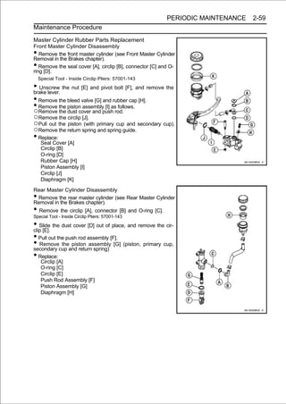 PERIODIC MAINTENANCE   2-59
Maintenance Procedure

Master Cylinder Rubber Parts Replacement
Front Master Cylinder Disassembly
•  Remove the front master cylinder (see Front Master Cylinder
Removal in the Brakes chapter).
•  Remove the seal cover [A], circlip [B], connector [C] and O-
ring [D].
    Special Tool - Inside Circlip Pliers: 57001-143

• Unscrew the nut [E] and pivot bolt [F], and remove the
brake lever.
• Remove the bleed valve [G] and rubber cap [H].
• Remove the piston assemblypush rod.
○Remove the dust cover and
                              [I] as follows.

○Remove the circlip [J].
○Pull out the piston (with primary cup and secondary cup).
○Remove the return spring and spring guide.
• Replace:
     Seal Cover [A]
     Circlip [B]
     O-ring [D]
     Rubber Cap [H]
     Piston Assembly [I]
     Circlip [J]
     Diaphragm [K]

Rear Master Cylinder Disassembly
• Remove the rear master cylinder (see Rear Master Cylinder
Removal in the Brakes chapter).
• Remove the circlip [A], connector [B] and O-ring [C].
Special Tool - Inside Circlip Pliers: 57001-143

• Slide the dust cover [D] out of place, and remove the cir-
clip [E].
• Pull out the push rod assembly [F].
• Removecup and return spring) [G] (piston, primary cup,
secondary
             the piston assembly

• Replace:
     Circlip [A]
     O-ring [C]
     Circlip [E]
     Push Rod Assembly [F]
     Piston Assembly [G]
     Diaphragm [H]
 