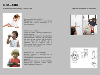 EL USUARIO
INTERESES Y NECESIDADES ESPECIFICAS                                  DIMENSIONES ANTROPOMETRICAS




                         Lactantes (45 días a 1 año)
                         Participación    sensorial  desarrollada
                         dentro del espacio permitido a su
                         alcance motriz.



                         Maternal (1 a 3 años)
                         Lograr el control y reconocimiento de su
                         propio cuerpo.
                         Adquisición de esquemas perceptuales
                         fundamentales: relación de vecindad,
                         de dominio, de frontera, de lo anterior,
                         de lo exterior, de lo abierto, de lo
                         cerrado, de lo continuo, de lo
                         discontinuo, de lo cercano, de lo lejano,
                         de lo abierto, de lo plano



                         Preescolar (3 a 5 años 11 meses)
                         Control corporal y dominio de su
                         espacio vital.
                         Desarrollo del pensamiento acerca del
                         espacio.
                         Distinción de relaciones de orientación y
                         perspectiva: adelante, atrás, arriba,
                         abajo, izquierda, derecha
 
