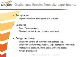 Challenges: ResultsfromtheexperimentsAcceptancedependson clearmessage on thepurposeConcernsFear oftransparencyClassical expert finderconcerns: overload, …Design decisions:Degreeofcontrolofthe individual (delete tags)Degreeoftransparency (tagger, tags, aggregate/individual)Professional topics vs. moresocial/personal topicsNotion ofguidanceMATURE - Continuous Social Learning in Knowledge Networks