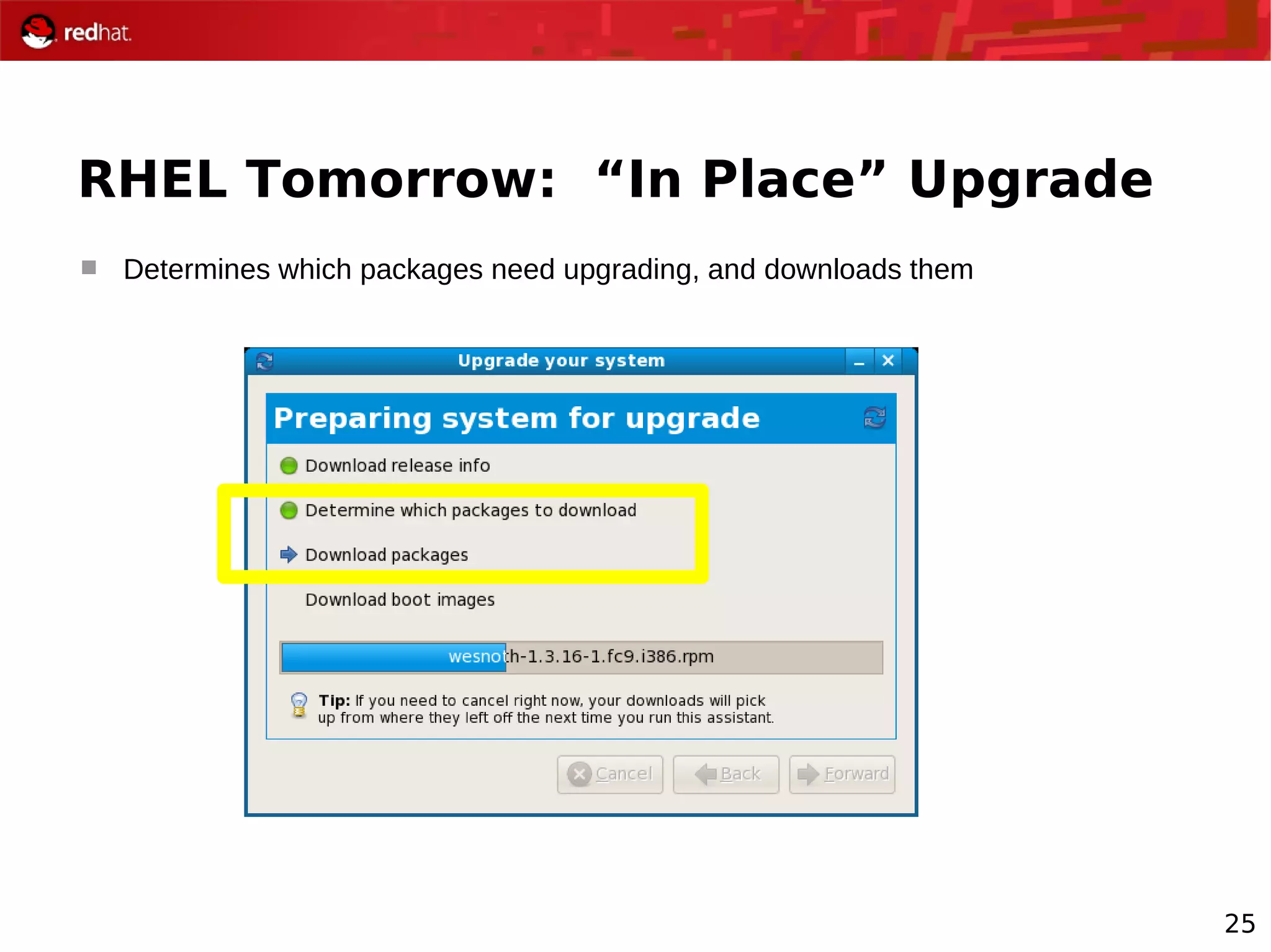 25
RHEL Tomorrow: “In Place” Upgrade
 Determines which packages need upgrading, and downloads them
 