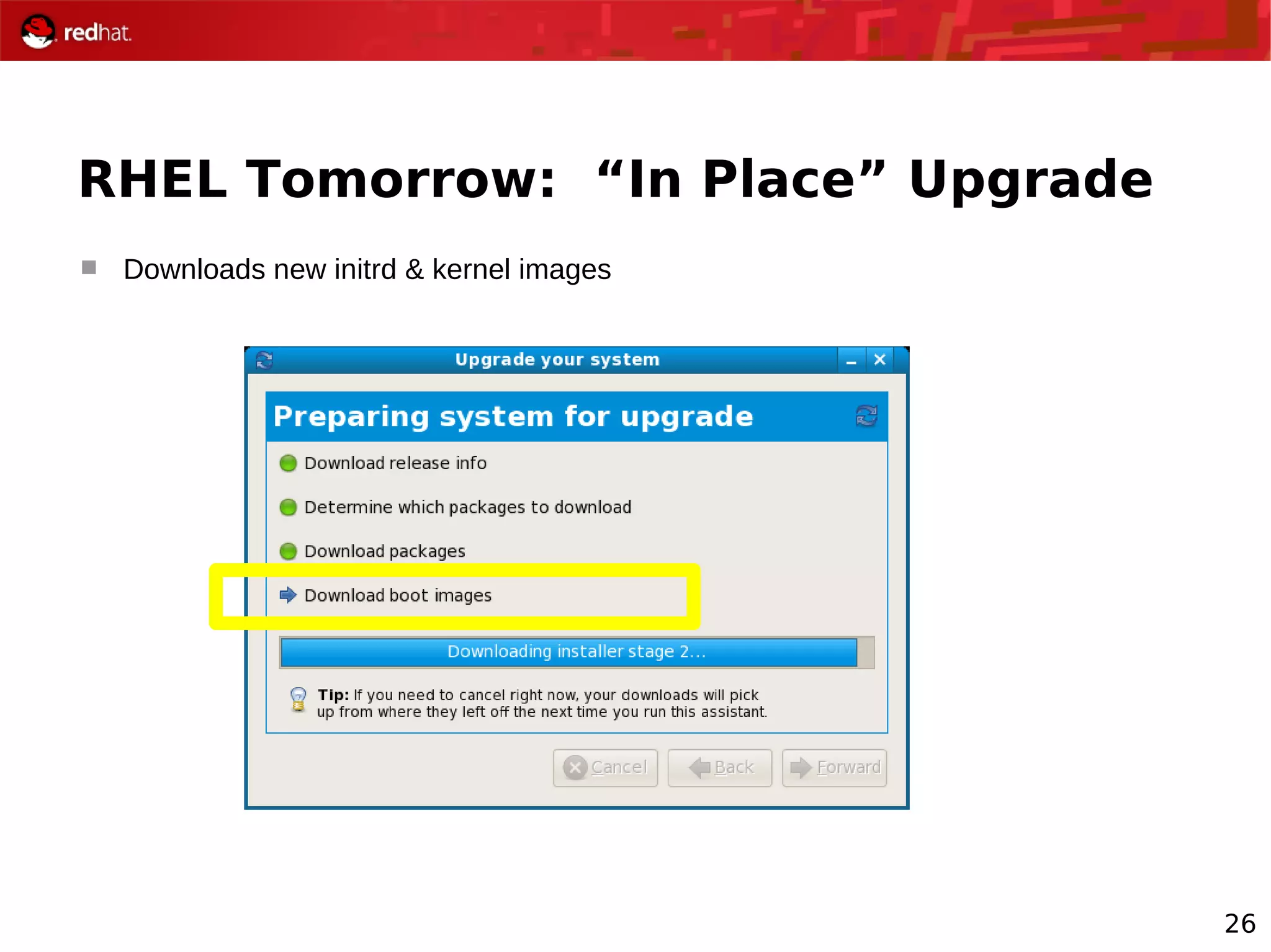 26
RHEL Tomorrow: “In Place” Upgrade
 Downloads new initrd & kernel images
 
