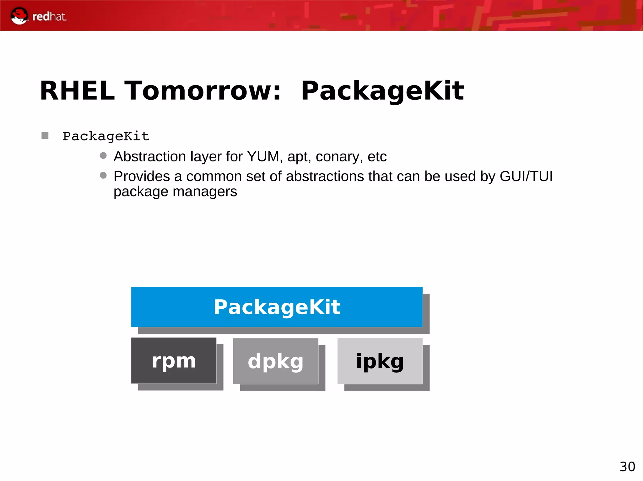 30
RHEL Tomorrow: PackageKit
 PackageKit
 Abstraction layer for YUM, apt, conary, etc
 Provides a common set of abstractions that can be used by GUI/TUI
package managers
PackageKit
rpm dpkg ipkg
 