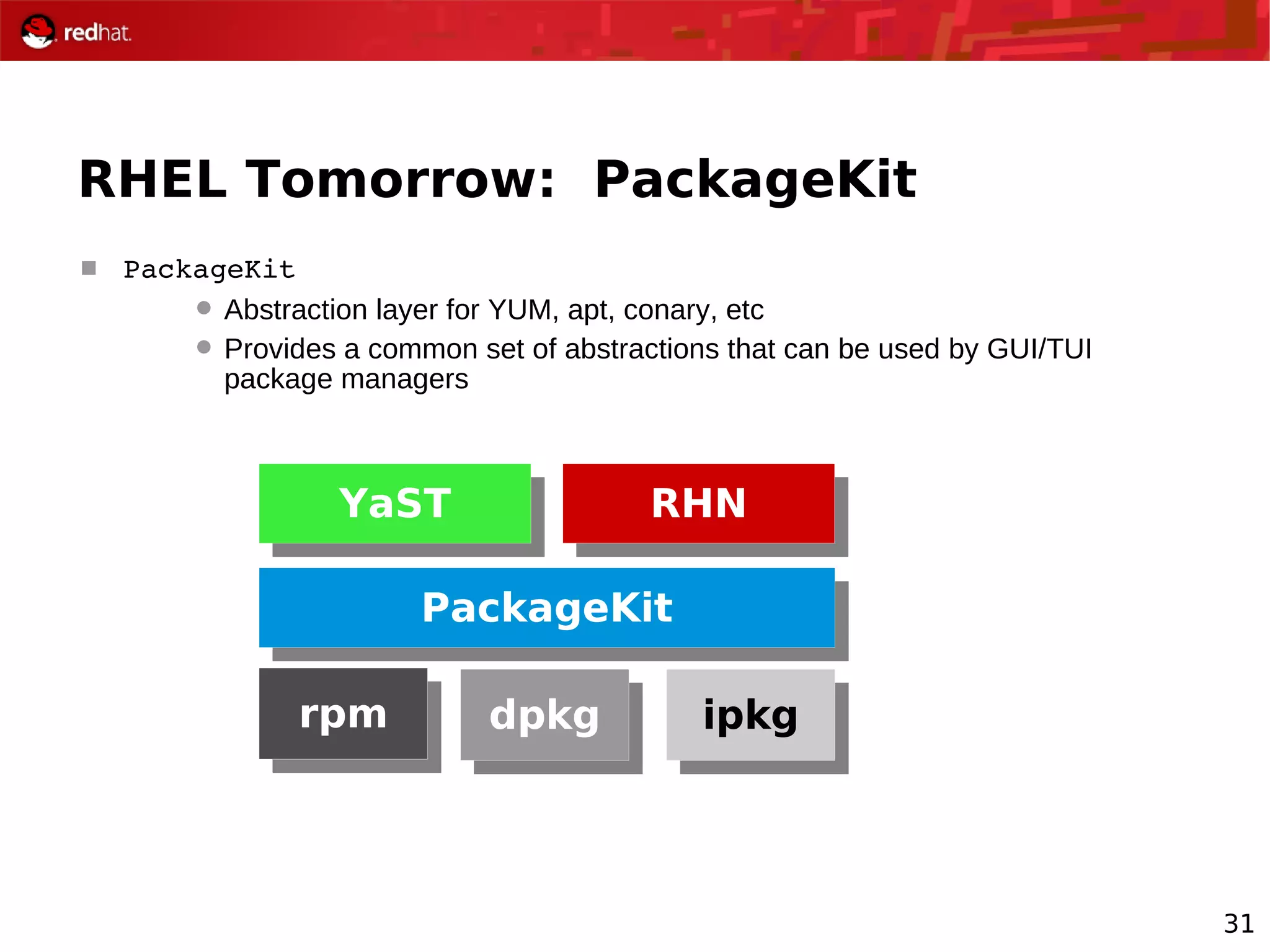 31
RHEL Tomorrow: PackageKit
 PackageKit
 Abstraction layer for YUM, apt, conary, etc
 Provides a common set of abstractions that can be used by GUI/TUI
package managers
PackageKit
YaST RHN
rpm dpkg ipkg
 