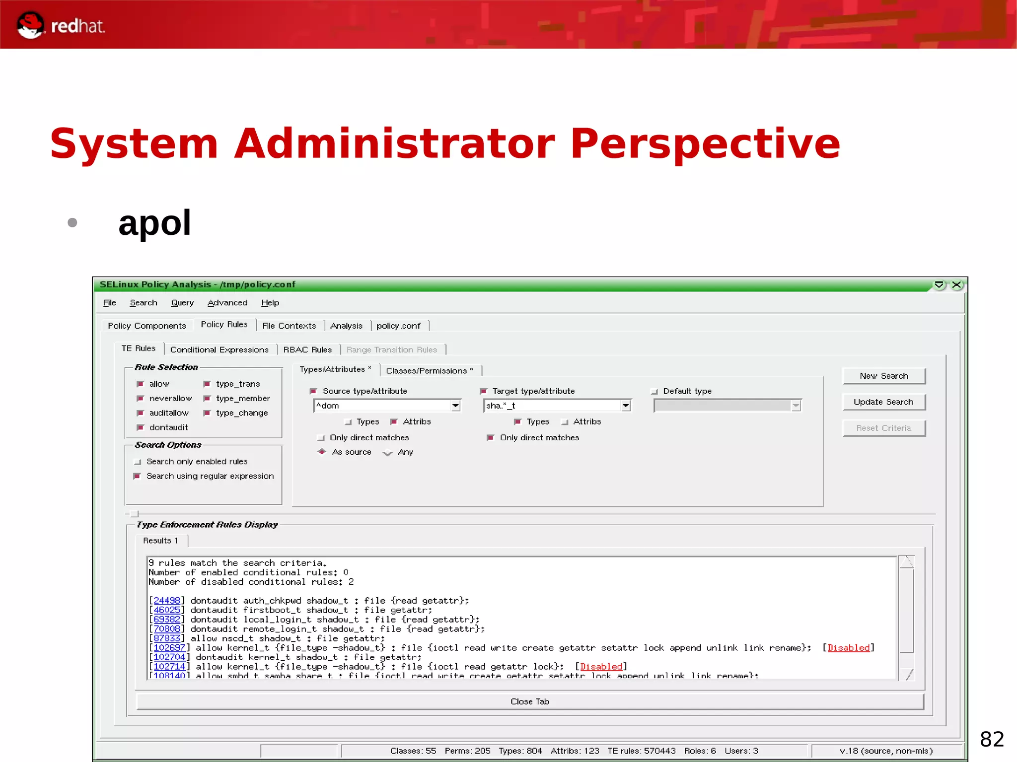 82
System Administrator Perspective
● apol
 