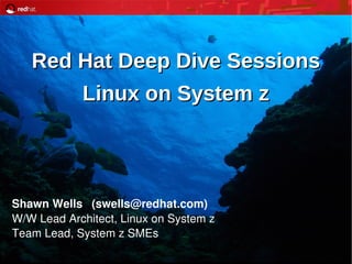 1
Red Hat Deep Dive SessionsRed Hat Deep Dive Sessions
Linux on System zLinux on System z
Shawn Wells (swells@redhat.com)
W/W Lead Architect, Linux on System z
Team Lead, System z SMEs
 