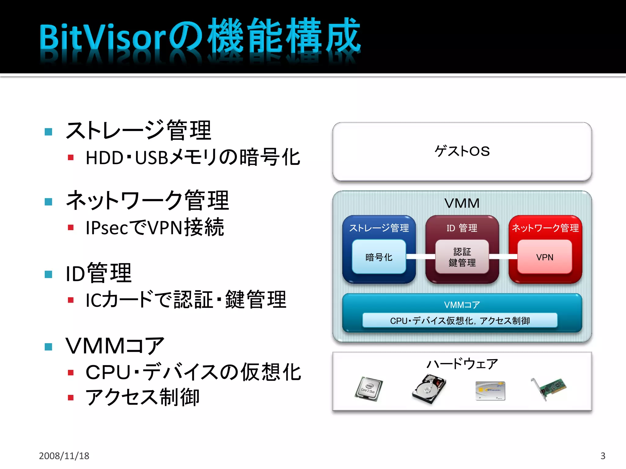     ストレージ管理
                                  ゲストＯＳ
      HDD・USBメモリの暗号化

    ネットワーク管理                      ＶＭＭ
      IPsecでVPN接続      ストレージ管理    ID 管理   ネットワーク管理

                                    認証
                         暗号化                     VPN
                                   鍵管理
    ID管理
      ICカードで認証・鍵管理                VMMコア
                            CPU・デバイス仮想化，アクセス制御


    ＶＭＭコア
                                  ハードウェア
      ＣＰＵ・デバイスの仮想化
      アクセス制御

2008/11/18                                             3
 