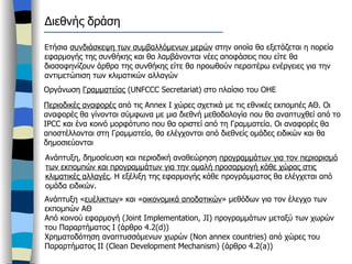 Διεθνής δράση Ετήσια  συνδιάσκεψη των συμβαλλόμενων μερών  στην οποία θα εξετάζεται η πορεία εφαρμογής της συνθήκης και θα λαμβάνονται νέες αποφάσεις που είτε θα διασαφηνίζουν άρθρα της συνθήκης είτε θα προωθούν περαιτέρω ενέργειες για την αντιμετώπιση των κλιματικών αλλαγών Περιοδικές αναφορές  από τις  Annex I  χώρες σχετικά με τις εθνικές εκπομπές ΑΘ. Οι αναφορές θα γίνονται σύμφωνα με μια διεθνή μεθοδολογία που θα αναπτυχθεί από το  IPCC  και ένα κοινό μορφότυπο που θα οριστεί από τη Γραμματεία. Οι αναφορές θα αποστέλλονται στη Γραμματεία, θα ελέγχονται από διεθνείς ομάδες ειδικών και θα δημοσιεύονται  Οργάνωση  Γραμματείας  ( UNFCCC Secretariat)  στο πλαίσιο του ΟΗΕ  Ανάπτυξη, δημοσίευση και περιοδική αναθεώρηση  προγραμμάτων για τον περιορισμό των εκπομπών και προγραμμάτων για την ομαλή προσαρμογή κάθε χώρας στις κλιματικές αλλαγές . Η εξέλιξη της εφαρμογής κάθε προγράμματος θα ελέγχεται από ομάδα ειδικών.  Ανάπτυξη « ευέλικτων » και « οικονομικά αποδοτικών » μεθόδων για τον έλεγχο των εκπομπών ΑΘ   Από κοινού εφαρμογή  (Joint Implementation, JI)  προγραμμάτων μεταξύ των χωρών του Παραρτήματος Ι  ( άρθρο 4.2( d) ) Χρηματοδότηση αναπτυσσόμενων χωρών ( Non annex countries)  από χώρες του Παραρτήματος ΙΙ ( Clean Development Mechanism)  (άρθρο 4.2 (a)) 