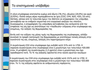 Η γήινη ατμόσφαιρα αποτελείται κυρίως από άζωτο (78,1%), οξυγόνο (20,9%) και αργό (0,93%). Πολλά ακόμη αέρια περιλαμβάνονται σε ίχνη ( CO2, CH4, N2O ,  H2O, O3  κλπ). Ωστόσο, κάποια από τα τελευταία έχουν την ιδιότητα να απορροφούν την υπέρυθρη ακτινοβολία και να επιδρούν σημαντικά στο ενεργειακό ισοζύγιο του πλανήτη.  Συγκεκριμένα, η απορρόφηση της υπέρυθρης ακτινοβολίας που εκπέμπεται από την επιφάνεια της γης έχει ως αποτέλεσμα την «παγίδευση» ενέργειας στην ατμόσφαιρα και, επομένως, την αύξηση της θερμοκρασίας της  Εκτός από την αύξηση της μέσης τιμής της θερμοκρασίας της ατμόσφαιρας, αλλάζει συνολικά το προφίλ (κατανομή) της θερμοκρασίας με αποτέλεσμα τοπικές αλλαγές στην πυκνότητά της και, επομένως, αλλαγές στο παρατηρούμενο κλίμα Το επιστημονικό υπόβαθρο Η συγκέντρωση  CO2  στην ατμόσφαιρα έχει αυξηθεί κατά 31% από το 1750. Η παρούσα συγκέντρωση στην ατμόσφαιρα είναι η μεγαλύτερη των τελευταίων 420.000 ετών. Η μεταβολή της συγκέντρωσης (1,5  ppm/yr)  είναι η μεγαλύτερη που έχει προσδιοριστεί ποτέ. Τα ¾ της αύξησης οφείλονται στην καύση ορυκτών καυσίμων Η συγκέντρωση του  CH4  στην ατμόσφαιρα έχει αυξηθεί κατά 151% από το 1750. Η παρούσα συγκέντρωση στην ατμόσφαιρα είναι η μεγαλύτερη των τελευταίων 420.000 ετών. Το ½ της αύξησης οφείλεται σε ανθρωπογενείς παράγοντες 