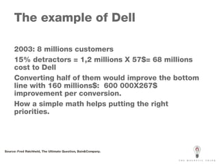 The example of Dell 2003: 8 millions customers 15% detractors = 1,2 millions X 57$= 68 millions cost to Dell Converting half of them would improve the bottom line with 160 millions$:  600 000X267$ improvement per conversion. How a simple math helps putting the right priorities. Source: Fred Reichheld, The Ultimate Question, Bain&Company. 