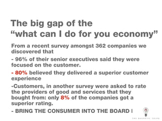The big gap of the “what can I do for you economy” From a recent survey amongst 362 companies we discovered that - 96% of their senior executives said they were focused on the customer. - 80%  believed they delivered a superior customer experience Customers, in another survey were asked to rate the providers of good and services that they bought from: only  8%  of the companies got a superior rating. BRING THE CONSUMER INTO THE BOARD ROOM. 