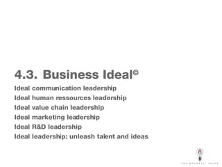 4.3.   Business Ideal ©   Ideal communication leadership Ideal human ressources leadership Ideal value chain leadership Ideal marketing leadership Ideal R&D leadership Ideal leadership: unleash talent and ideas 