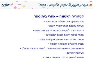 קטגוריה ראשונה – אתרי בית ספר אתר המשקף את הפעילות בבית הספר פעילות שוטפת באתר לאורך השנה רתימת האתר לפעילות בית ספרית בערוצים שונים מספר כניסות יחסית לכמות התלמידים מספר המורים המשתתפים באופן פעיל באתר תכנים רלוונטיים להוראה  /  ללמידה הרחבת מסגרת שעות הלימודים מעבר לשעות ההוראה בביה " ס פעילויות ייחודיות תכניות להמשך הרחבת הפעילות באתר 