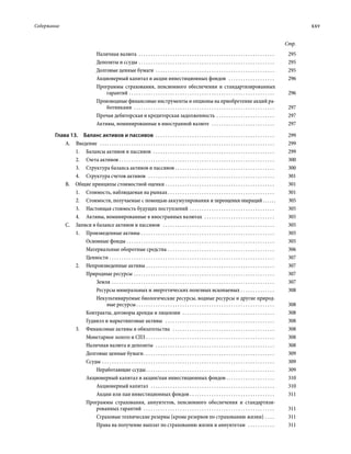 Содержание	 xxv
Стр.
Наличная валюта  . . . . . . . . . . . . . . . . . . . . . . . . . . . . . . . . . . . . . . . . . . . . . . . . . . . . . . . . . 	295
Депозиты и ссуды . . . . . . . . . . . . . . . . . . . . . . . . . . . . . . . . . . . . . . . . . . . . . . . . . . . . . . . . . 	295
Долговые ценные бумаги  . . . . . . . . . . . . . . . . . . . . . . . . . . . . . . . . . . . . . . . . . . . . . . . . . . 	295
Акционерный капитал и акции инвестиционных фондов  . . . . . . . . . . . . . . . . . . . . 	296
Программы страхования, пенсионного обеспечения и стандартизированных
гарантий . . . . . . . . . . . . . . . . . . . . . . . . . . . . . . . . . . . . . . . . . . . . . . . . . . . . . . . . . . . . . 	296
Производные финансовые инструменты и опционы на приобретение акций ра-
ботниками . . . . . . . . . . . . . . . . . . . . . . . . . . . . . . . . . . . . . . . . . . . . . . . . . . . . . . . . . . . 	297
Прочая дебиторская и кредиторская задолженность . . . . . . . . . . . . . . . . . . . . . . . . . 	297
Активы, номинированные в иностранной валюте  . . . . . . . . . . . . . . . . . . . . . . . . . . . 	297
Глава 13.  Баланс активов и пассивов  . . . . . . . . . . . . . . . . . . . . . . . . . . . . . . . . . . . . . . . . . . . . . . . . . . 	299
A. Введение  . . . . . . . . . . . . . . . . . . . . . . . . . . . . . . . . . . . . . . . . . . . . . . . . . . . . . . . . . . . . . . . . . . . . . . . . . 	299
1.	 Балансы активов и пассивов  . . . . . . . . . . . . . . . . . . . . . . . . . . . . . . . . . . . . . . . . . . . . . . . . . . . 	299
2.	 Счета активов . . . . . . . . . . . . . . . . . . . . . . . . . . . . . . . . . . . . . . . . . . . . . . . . . . . . . . . . . . . . . . . . 	300
3.	 Структура баланса активов и пассивов  . . . . . . . . . . . . . . . . . . . . . . . . . . . . . . . . . . . . . . . . . 	300
4.	 Структура счетов активов  . . . . . . . . . . . . . . . . . . . . . . . . . . . . . . . . . . . . . . . . . . . . . . . . . . . . . 	301
B.  Общие принципы стоимостной оценки . . . . . . . . . . . . . . . . . . . . . . . . . . . . . . . . . . . . . . . . . . . . . . 	301
1.	 Стоимость, наблюдаемая на рынках  . . . . . . . . . . . . . . . . . . . . . . . . . . . . . . . . . . . . . . . . . . . . 	301
2.	 Стоимости, получаемые с помощью аккумулирования и переоценки операций  . . . . . 	305
3.	 Настоящая стоимость будущих поступлений . . . . . . . . . . . . . . . . . . . . . . . . . . . . . . . . . . . . 	305
4.	 Активы, номинированные в иностранных валютах  . . . . . . . . . . . . . . . . . . . . . . . . . . . . . . 	305
C.  Записи в балансе активов и пассивов  . . . . . . . . . . . . . . . . . . . . . . . . . . . . . . . . . . . . . . . . . . . . . . . 	305
1.	 Произведенные активы . . . . . . . . . . . . . . . . . . . . . . . . . . . . . . . . . . . . . . . . . . . . . . . . . . . . . . . . 	305
Основные фонды . . . . . . . . . . . . . . . . . . . . . . . . . . . . . . . . . . . . . . . . . . . . . . . . . . . . . . . . . . . . . . 	305
Материальные оборотные средства . . . . . . . . . . . . . . . . . . . . . . . . . . . . . . . . . . . . . . . . . . . . . 	306
Ценности . . . . . . . . . . . . . . . . . . . . . . . . . . . . . . . . . . . . . . . . . . . . . . . . . . . . . . . . . . . . . . . . . . . . . 	307
2.	 Непроизведенные активы . . . . . . . . . . . . . . . . . . . . . . . . . . . . . . . . . . . . . . . . . . . . . . . . . . . . . . 	307
Природные ресурсы . . . . . . . . . . . . . . . . . . . . . . . . . . . . . . . . . . . . . . . . . . . . . . . . . . . . . . . . . . . 	307
Земля . . . . . . . . . . . . . . . . . . . . . . . . . . . . . . . . . . . . . . . . . . . . . . . . . . . . . . . . . . . . . . . . . . . . 	307
Ресурсы минеральных и энергетических полезных ископаемых . . . . . . . . . . . . . . . 	308
Некультивируемые биологические ресурсы, водные ресурсы и другие природ-
ные ресурсы . . . . . . . . . . . . . . . . . . . . . . . . . . . . . . . . . . . . . . . . . . . . . . . . . . . . . . . . . 	308
Контракты, договоры аренды и лицензии  . . . . . . . . . . . . . . . . . . . . . . . . . . . . . . . . . . . . . . . 	308
Гудвилл и маркетинговые активы  . . . . . . . . . . . . . . . . . . . . . . . . . . . . . . . . . . . . . . . . . . . . . . 	308
3.	 Финансовые активы и обязательства  . . . . . . . . . . . . . . . . . . . . . . . . . . . . . . . . . . . . . . . . . . . 	308
Монетарное золото и СПЗ . . . . . . . . . . . . . . . . . . . . . . . . . . . . . . . . . . . . . . . . . . . . . . . . . . . . . . 	308
Наличная валюта и депозиты  . . . . . . . . . . . . . . . . . . . . . . . . . . . . . . . . . . . . . . . . . . . . . . . . . . 	308
Долговые ценные бумаги . . . . . . . . . . . . . . . . . . . . . . . . . . . . . . . . . . . . . . . . . . . . . . . . . . . . . . 	309
Ссуды . . . . . . . . . . . . . . . . . . . . . . . . . . . . . . . . . . . . . . . . . . . . . . . . . . . . . . . . . . . . . . . . . . . . . . . . 	309
Неработающие ссуды . . . . . . . . . . . . . . . . . . . . . . . . . . . . . . . . . . . . . . . . . . . . . . . . . . . . . 	309
Акционерный капитал и акции/паи инвестиционных фондов  . . . . . . . . . . . . . . . . . . . . 	310
Акционерный капитал  . . . . . . . . . . . . . . . . . . . . . . . . . . . . . . . . . . . . . . . . . . . . . . . . . . . . 	310
Акции или паи инвестиционных фондов  . . . . . . . . . . . . . . . . . . . . . . . . . . . . . . . . . . . 	311
Программы страхования, аннуитетов, пенсионного обеспечения и стандартизи­
рованных гарантий  . . . . . . . . . . . . . . . . . . . . . . . . . . . . . . . . . . . . . . . . . . . . . . . . . . . . . . . 	311
Страховые технические резервы (кроме резервов по страхованию жизни) . . . . . 	311
Права на получение выплат по страхованию жизни и аннуитетам  . . . . . . . . . . . . 	311
 