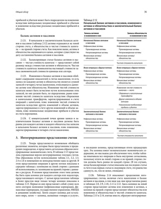 Общий обзор	 31
прибылей и убытков может быть подразделено на изменение
вследствие нейтральных холдинговых прибылей и убытков
и изменение вследствие реальных холдинговых прибылей и
убытков.
Баланс активов и пассивов
2.121.  В начальном и заключительном балансах акти-
вов и пассивов (таблица 2.12) активы отражаются на левой
стороне счета, а обязательства и чистая стоимость капита-
ла — на правой стороне счета. Как пояснено выше, активы и
обязательства оцениваются в ценах, которые существуют на
дату составления баланса активов и пассивов.
2.122.  Балансирующая статья баланса активов и пас-
сивов — чистая стоимость капитала — представляет собой
разницу между стоимостью активов и обязательств. Чистая
стоимость капитала эквивалентна настоящей стоимости за-
паса экономической стоимости единицы или сектора.
2.123.  Изменения в балансе активов и пассивов обоб-
щают содержание показателей в счетах накопления, то есть
запись по каждому активу и обязательству является суммой
записей в четырех счетах накопления, относящихся к данно-
му активу или обязательству. Изменение чистой стоимости
капитала может быть исчислено путем использования этих
записей, но оно должно быть, по определению, равно изме-
нению чистой стоимости капитала вследствие сбережения
и капитальных трансфертов, зарегистрированных в счете
операций с капиталом, плюс изменение чистой стоимости
капитала вследствие других изменений в объеме активов,
зарегистрированных в счете других изменений в объеме ак-
тивов, плюс номинальные холдинговые прибыли и убытки
из счета переоценки.
2.124.  C концептуальной точки зрения записи в за-
ключительном балансе активов и пассивов должны быть
равны для каждого актива и каждого обязательства записям
в начальном балансе активов и пассивов, плюс изменения,
зарегистрированные в четырех счетах накопления.
3.	Интегрированное представление счетов
2.125.  Теперь представляется возможным обобщить
различные элементы, которые были представлены в преды-
дущих подразделах, и представить детальным образом инте-
грированные экономические счета. В таблице 2.13 представ-
лена упрощенная версия интегрированных текущих счетов.
Она образована путем использования таблиц 2.1, 2.2, 2.3,
2.4 и 2.6 и помещения их непосредственно одна за другой. В
этом представлении операции и другие потоки показаны в
середине таблицы с колонками на левой стороне с данными
об использовании, и с колонками на правой стороне с данны-
ми о ресурсах. В полном представлении этого типа должна
бы быть одна колонка для каждого сектора или подсектора,
представляющего интерес. С целью представления таблицы
в более простом виде только четыре колонки показаны в
таблице 2.13. Первая из них представляет собой сумму всех
пяти секторов экономики (нефинансовые корпорации, фи-
нансовые корпорации, государственное управление, НКОДХ
и домашние хозяйства). Затем следует колонка для осталь-
ного мира, затем — колонка, названная «товары и услуги»,
и последняя колонка, представляющая итоги предыдущих
трех. Эта колонка имеет незначительное экономическое со-
держание, но она важна для обеспечения того, чтобы табли-
ца охватывала все операции и была внутренне согласована,
поскольку итоги на левой стороне и на правой стороне сче-
тов должны быть равны по каждой строке. (В тех случаях,
когда балансирующие статьи показаны как последняя статья
в счете и как первая статья в следующем счете, это равенство
сдвинуто, но, тем не менее, очевидно).
2.126.  Таблица 2.14 показывает продолжение инте-
грированных счетов, включая счета накопления и баланс
активов и пассивов, в том виде как они представлены ранее
в таблицах 2.8, 2.9, 2.10, 2.11 и 2.12. Здесь колонки на левой
стороне представляют активы или изменения в активах, а
колонки на правой стороне представляют обязательства или
изменения в обязательствах и чистой стоимости капитала.
Таблицы 2.13 и 2.14, взятые вместе, образуют интегрирован-
Таблица 2.12
Начальный баланс активов и пассивов, изменения в
активах и обязательствах и заключительный баланс
активов и пассивов
Запасы активов
и изменения в них
Запасы обязательств
и изменения в них
Начальный баланс активов
и пассивов
Начальный баланс активов
и пассивов
Нефинансовые активы Нефинансовые активы
Произведенные активы Произведенные активы
Непроизведенные активы Непроизведенные активы
Финансовые активы/
обязательства
Финансовые активы/
обязательства
Чистая стоимость капитала
Всего операции и другие потоки Всего операции и другие потоки
Нефинансовые активы Нефинансовые активы
Произведенные активы Произведенные активы
Непроизведенные активы Непроизведенные активы
Финансовые активы/
обязательства
Финансовые активы/
обязательства
Изменение чистой стоимости
капитала — всего
Сбережение и капитальные
трансферты
Другие изменения в объеме
активов
Номинальные холдинговые
прибыли и убытки
Заключительный баланс
активов и пассивов
Заключительный баланс
активов и пассивов
Нефинансовые активы Нефинансовые активы
Произведенные активы Произведенные активы
Непроизведенные активы Непроизведенные активы
Финансовые активы/
обязательства
Финансовые активы/
обязательства
Чистая стоимость капитала
 