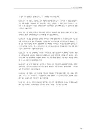 Ⅱ. 남양연구소위원회

서 할거 대개 많았는데. 생각나는게 ... 다 사라졌네. 바보가 되는거죠.
N_22_194

@ 그렇죠, 처음에는...진짜 최상의 자동차를 만드는데 내가 이제 이 한몸을 불살라가

지고 혼을 다해서 만들어보자, 어? 이런 생각 있었죠. 처음에는. 한 2005년까지? 5년까지는 그랬
는데 그 옛 그룹장과의 수많은 전투를 통해서 그런 마음이 많이 깎여나갔죠. 아 살아보니깐 정말
변했어요, 그렇게 아주.
N_27_168

@ 결혼하고 나니까 돈을 빨리 벌어야죠. 회사에서 꿈을 찾기는 힘들것 같고요. 회사

외적으로 개인적 공부를 한다든지 노후 대비를 해서 일을 찾아야죠.
N_28_078

@ 꿈을 잃어버린것 같아요. 회사에서 주어진 일만 하다 보니까 꿈은 솔직히 지금 없

어요. 정말 나 자신도 오늘 이 자리에서 반성을 하게 되는데 공부를 해야될 상황인것 같습니다. 그
런 꿈을 가질수 있게끔 회사가 조합원에게 꿈과 희망을 줘야하는데 이거는 뭐 오로지 업무강도와
이런것 때문에 지쳐가는.. 21시 나가서 무슨 자기개발합니까 22시에 도착해가지고 씻고 바로 와야
되는데. 잘가세요하고 아침에 인사하는데..
N_36_132

@ 처음 입사할때는 아무래도 목표라는게 고졸로 들어와서 야간대학을 다닐려고 했었

죠. 시험팀 배정을 받고나서 학력에 대한 콤플렉스가 상당히 강했어요. 사람을 조금 무시하는. 학력
이라는것에 대한 콤플렉스를 주변에서 보다보니까 그런 대우를 받다보니까 사람이 체념을 하게되
요. 아, 나는 여기까지 밖에 않되는구나.
N_43_096

@ 일단은 지금 많이 퇴색됬는데 적어도 저의 위에 어떤 최고경영근처까지는 경영자

근처까지는 가봐야 되지 않겠습니까? 라고 생각을 했었는데 사실 입사하고 생각을 해보니 그게 현
실은 한계가 있더라 그런거 있잖아요
N_44_094

@ 첨에는 내가 가가지고 자동차에 관련해서 뭔가를 해야 되겠다 라는 기대는 엄청

컸죠... 자꾸 소외가 되더라고요 그쪽관련해서 자료를 찾아서 내가 공부하면되는데 현업에 사실은
빠져 있다 보니까 그런 여유시간이 없는것 같아요
N_48_185

@ 저는 이제 그 회사에서 업무로서 하는것은 사실 접었구요 에.그냥 어.뭐죠.그.높이

돼서 과장 이사까지 가겠다 어떠한 업무적인 성과를 내야겠다 이런거는 없습니다.

137

 