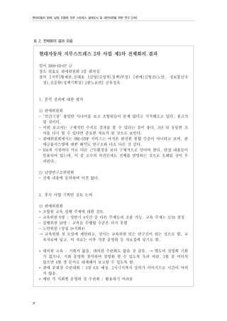 현대자동차 판매, 남양 조합원 직무 스트레스 실태조사 및 대안마련을 위한 연구 [2차]

표 2. 전체회의 결과 모음

현대자동차 직무스트레스 2차 사업 제1차 전체회의 결과
일시 2008-03-07 금
장소 원효로 판매위원회 3층 회의실
참석 [지부]황세관,진태호 [남양]김성복(정책1부장) [판매]김형진(노안, 정보통신국
장),오승한(정책기획실) [한노보연] 공유정옥

1. 분석 결과에 대한 평가
1) 판매위원회
- '인간극장' 총알탄 사나이를 보고 조합원들이 문제 많다고 지적해오고 있다. 참고가
될 것이다.
- 이번 보고서는 구체적인 수치로 결과를 볼 수 있다는 점이 좋다. 3년 뒤 동일한 조
사를 다시 할 수 있다면 중요한 자료가 될 것으로 보인다.
- 판매위원회에서는 ONE-STOP 서비스는 아직은 완전한 통합 수준이 아니라고 보며, 판
매금융시스템에 대한 해석도 연구소와 다소 다른 것 같다.
- 434개 지점마다 서로 다른 근무환경을 보다 구체적으로 담아야 한다. 면접 내용들이
인용되어 있는데, 이 중 소수의 의견인데도 전체를 반영하는 것으로 오해될 것이 우
려된다.
2) 남양연구소위원회
- 전체 내용에 동의하며 이견 없다.

2. 후속 사업 기획안 검토 논의
1) 판매위원회
* 조합원 교육 실행 주체에 대한 검토
- 교육위원 6명 ; 상반기 4시간 중 다른 주제들과 조율 가능. 교육 주제는 3/10 결정
- 실행위원 18명 ; 교육을 수행할 수준은 되지 못함
- 노안위원 (상집 3+지회4)
→ 교육위원 첫 모임에 제안하고, 강사는 교육위원 또는 연구진이 하는 것으로 함. 교
육자료에 넣고. 이 자료는 이후 각종 운영위 등 자료집에 넣기로 함.
* 대의원 교육 ; 기회가 없음. 대의원 수련회도 없을 것 같음. → 별도의 설명회 기회
가 없으나, 지회 운영위 참석하여 설명회 할 수 있도록 독려 바람. 3월 중 여의치
않으면 4월 경 문서로 대체해서 보고할 수 있도록 함.
* 판매 분회장 수련대회 ; 5말 6초 예정. 2시~7시까지 강의가 이어지므로 시간이 여의
치 않음.
* 매달 각 지회별 운영위 및 수련회 ; 활용하기 어려움

8

 