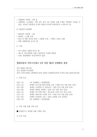 Ⅰ. 사업 개요와 경과

* 실행위원 수련회 ; 4월 경.
* 실행위원, 노안위원, 지회 간부 등이 2차 사업의 진행 주체로 역할하기 어려울 수
있음. 최소한 심층면접 조사의 대상과 토론에 참여하도록 노력하기로 함.
2) 남양연구소위원회
*
*
*
*

확대간부 설명회 ; 3월
대의원 ; 3-4월 교육
담당 및 위원 강사단 훈련 / 조합원 교육 ; 기획안 그대로 실행
매월 정례회의를 잡기로 함

3. 기타
- 차기 회의는 5월에 하기로 함
- 4월 경 지부/위원회 전체 노안담당자 수련회 예정임
- 4/20~ 총연맹에서 자전거투어가 있음

현대자동차 직무스트레스 2차 사업 제2차 전체회의 결과
일시 2008년 5월 8일
장소 남양연구소위원회
참석 [지부]진태호 [판매위]오승한,김형진 [남양위]김성복,이우영 [한노보연]공유정옥
1. 경과 보고
3/07
3/14
3/17
3/31
4/04
4/11
4/17
5/08

(금)
(금)
(월)
(월)
(금)
(금)
(목)
(목)

1차 전체회의 / 판매위원회
판매위 경기지회 확간수련회 교육 / 양평 (1차 사업 결과 공유)
남양위 노안위원 및 상집교육 / 남양 (1차 사업 결과 공유)
남양위 대의원 설명회 / 남양 (1차 사업 결과 공유)
판매위 경기지회 미팅 / 한노보연 (지회 교육 선전 논의)
판매위 강원지회 수련회 교육 / 횡성 (1차 사업 결과 공유)
남양위 교육위원 교육 / 남양 (조합원 교육 리허설)
2차 전체회의 / 남양위원회

2. 이후 사업 실행 기획 논의
■ 남양연구소 위원회 실행 기획안 검토
1) 주요 목표

9

 