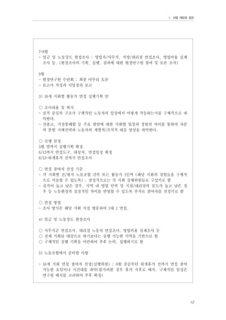 Ⅰ. 사업 개요와 경과

7~8월
- 임금 및 노동강도 현장조사 ; 영업직/사무직, 직영/대리점 면접조사, 영업비용 실제
조사 등. (현장조사의 기획, 실행, 결과에 대한 현장연구원 참여 및 토론 조직)
9월
- 현장연구원 수련회 ; 최종 마무리 토론
- 보고서 작성과 사업경과 보고
3) 18개 지회별 활동가 면접 실행기획 안
○ 조사내용 및 취지
- 실적 중심의 구조가 구체적인 노동자의 일상에서 어떻게 작동하는지를 구체적으로 파
악한다.
- 선출고, 거점통폐합 등 주요 현안에 대한 지회별 입장과 경험의 차이를 통하여 자본
의 분할 지배전략과 노동자의 개별적/조직적 대응 양상을 파악한다.
○ 진행 일정
5월 말까지 실행기획 확정
6/13까지 면접도구, 대상자, 면접일정 확정
6/13~하계휴가 전까지 면접조사
○ 면접 참여자 선정 기준
- 각 지회별 전/현직 노동조합 간부 또는 활동가 1인씩 (해당 지회의 경험들을 구체적
으로 서술할 수 있도록) ; 잠정적으로는 각 지회 실행위원들로 구성키로 함
- 실적이 높고 낮은 경우, 지역 내 영업 인력 및 지점/대리점의 밀도가 높고 낮은 경
우 등 노동환경의 실질적인 차이를 반영할 수 있도록 추가로 참여자를 선정키로 함
○ 면접 방법
- 조사 방식은 해당 지회 직접 방문하여 1대 1 면접.
4) 임금 및 노동강도 현장조사
○ 사무직군 면접조사, 대리점 노동자 면접조사, 영업비용 실제조사 등
○ 전체 지회를 대상으로 하기보다는 실행 가능한 지역을 기반으로 함
○ 구체적인 실행 기획을 마련하여 추후 논의, 집행하기로 함
5) 노동조합에서 준비할 사항
- 18개 지회 면접 참여자 선정(실행위원) ; 6월 중순부터 하계휴가 전까지 면접 참여
가능한 요일이나 시간대를 파악(불가피한 경우 휴가 직후로 배치. 구체적인 일정은
연구원 배치를 고려하여 추후 확정)

13

 