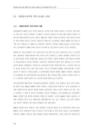 현대자동차 판매, 남양 조합원 직무 스트레스 실태조사 및 대안마련을 위한 연구 [2차]

1.2.

1.2.1.

네덜란드에서의 직무스트레스 관리

네덜란드에서의 직무스트레스 상황

유럽연합에서 1997년 15개 국가를 대상으로 조사한 바에 의하면 네덜란드 노동자가 작업 압박
이 가장 높은 것으로 나타났다. 즉 58%의 노동자가 작업속도가 (유럽 평균 42%에 비하여) 작
업시간의 50%이상에서 높다고 하였고 1992년에 시행한 동일한 조사에서도 유럽 평균이 7%였
던 것에 비하여 11%의 노동자가 작업속도가 빠르다고 호소하였다. 1977년-1989년 3년 마다 실
시한 국가 작업조건 및 생활조건 조사에서도 작업속도 부분에서 1977년 38%의 노동자가 빠르
다고 호소하였으나 1989 년에는 51%가 호소하여 12 년간 13%가 늘어난 것으로 나타났다.
네덜란드의 작업 상실률은 다른 유럽국가들 보다 2배 이상 높게 나타났는데, 이는 각 나라의
법규, 법률체계, 사회보장제도에 따라 차이가 난다. 네덜란드는 원인에 관계없이 사업주가 1년
간 전액 봉급에 가까운 휴업급여를 제공하고 1년 후에는 직업에 관계없이 질병 회복이 될 때까
지 국가보상제도로 급여를 제공한다. 보상급여는 사회보장기금에서 일정 상한선을 두고 마지막
급여의 70%를 지원해준다. 네덜란드의 보상급여의 특징은 휴업급여를 받는 노동자의 거의 1/3
이 정신적 문제를 가지고 있어 일을 못하는 것으로 조사되었다. 1998년 정신건강문제가 노동력
상실의 주 원인으로 나타났고(32%), 근골격계질환은 19%에 달했다. 1967년 네덜란드 실업보험
이 도입되었을 때 정신건강문제가 11%이었으나 매년 증가하여 30% 수준을 유지하고 있다. 이
는 노르웨이에 비하여 2배가 높고 영국에 비하면 5배나 높은 수준이다.
정신건강문제의 80%이상이 정서장애(조절장애)에 기인한다. 이런 질환들은 만성 직무스트레스
와 관련이 높다. 1998년 7,000명 이상의 네덜란드 실업노동자를 대상으로 노동력 상실원인을 조
사한 결과에 따르면, 53%가 작업과 관련한 건강문제로 인하여 노동력 상실을 갖고 있는 것으
로 나타났다. 그 원인 중 물리적 부담(43%), 정신적 부담(26%), 근로조건(29%)으로 조사되었다.
1998년 12개월 이상 업무와 관련하여 휴업을 한 네덜란드 노동자 3,000명 이상을 대상으로 조
사한 결과에서 5가지 주요 위험요인을 확인하였는데, 이는 높은 작업속도, 낮은 업무 자율성,
높은 물리적 작업부담, 좋지 않은 회사환경, 낮은 입금이었다.
1990년 네덜란드에서 질병으로 인한 휴업율은 독일보다 50%가 높고 벨기에보다 2배가 높다.
1997년 노동자 휴업일수의 원인 중 12%가 직무스트레스로 인한 것이고 13%는 근골격계질환이
원인이다. 1998년 질병으로 인한 휴업율은 5.6%로 88만명이었고 전체 노동인구의 12.8%에 달
264

 