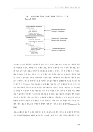 Ⅳ. 직무 스트레스 예방관리 프로그램 검토 자료

그림 2. 3단계의 예방 절차로 스트레스 관리에 개입 (Quick JC &
Quick JD, 1997)

스트레스 요인에 개입하여 조절하고자 하는 연구는 조직적 예방 관리 기법으로서 직무의 재설
계, 작업환경 재설계, 유연한 직무 스케줄 확립, 참여적 경영기법 도입, 노동자 경력개발, 공공
의 목표 설정 등의 기법을 도입하여 스트레스를 관리하는 것이다. 이러한 전략들은 그 이로움
에도 불구하고 적지 않은 비용이 드는 등 수행이 쉽지 않다는 어려움이 존재한다. 당장의 손해
를 감수하고 장기적인 효과를 기대하면서 기존의 틀을 고쳐나가는 데는 사업주의 의지가 무엇
보다 중요하다. 국내의 수행 연구를 볼 때에도 김대성과 탁진국 등(2005)이 제조업 및 기타 업
종 대상의 직무스트레스 관리 프로그램 운영에 대한 사업장의 제반 인식도를 조사한 연구에 따
르면 사업장에서 직무스트레스를 관리할 경우 사업주의 역할로 작업량, 작업일정 등 작업계획
을 수립할 때 노동자의 의견을 반영하는 것이 제일 어려운 것으로 분석된 바 있다. 이는 100인
이상 사업장에서 뚜렷하게 나타났는데 작업시간을 조정하는 것은 대규모 사업장의 경우 다양한
종류의 작업부서가 서로 유기적으로 연계되어 생산활동이 이루어지고 있기 때문이며, 나아가
비용이 증가하는 부담이 있기 때문인 것으로 이해된다. 이와 같이 1차 예방으로서 조직적 스트
레스 관리 접근은 2차, 3차 예방만큼 활발히 이뤄지지 못하고 있는 실정이다(Ivancevich 등,
1990).
직무스트레스의 효율적 관리를 위해서는 위의 1차, 2차, 3차 예방 전략을 잘 조합하여 운영하는
것이 필요하다(Goldstein, 1995). 외국에서도 스트레스 관리 프로그램의 개발에 다차원적인 접근
269

 