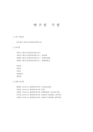 연구진 구성
1. 연구 책임자
공유정옥 (한국노동안전보건연구소)
2. 연구원
이훈구 (한국노동안전보건연구소)
김인아 (한국노동안전보건연구소 / 충남대)
김형렬 (한국노동안전보건연구소 / 가톨릭의대)
류현철 (한국노동안전보건연구소 / 한양대학교)
전용철
이종규
김경근
제갈현숙
최민희
3. 현장 연구원
황세관 (금속노조 현대자동차지부 노동안전실장)
진태호 (금속노조 현대자동차지부 부장)
김형진 (금속노조 현대자동차지부 판매위원회 노동보건국장)
이우영 (금속노조 현대자동차지부 남양연구소위원회 노안부장)
김성복 (금속노조 현대자동차지부 남양연구소위원회 정책부장)

 