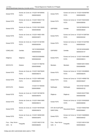 1517/2014 Tribunal Regional do Trabalho da 14ª Região 101
Data da Disponibilização: Quarta-feira, 16 de Julho de 2014
Extrato FGTS
Extrato de Conta do
FGTS
13122311491929000
000000338220
Extrato FGTS
Extrato de Conta do
FGTS
13122311493217100
000000390455
Extrato FGTS
Extrato de Conta do
FGTS
13122311503126500
000000390565
Extrato FGTS
Extrato de Conta do
FGTS
13122311485211800
000000333871
Extrato FGTS
Extrato de Conta do
FGTS
13122311511641800
000000393354
CONCLUSO Certidão
14011616552059400
000000409239
Diligência Diligência
14062322332684800
000000920226
ESTATUTO Estatuto
13122311511982700
000000390685
Extrato FGTS
Extrato de Conta do
FGTS
13122311492709200
000000390419
Extrato FGTS
Extrato de Conta do
FGTS
13122311495516400
000000390479
ESTATUTO Estatuto
13122311511905400
000000390681
Extrato FGTS
Extrato de Conta do
FGTS
13122311501556700
000000390576
Extrato FGTS
Extrato de Conta do
FGTS
13122311494410900
000000390412
Extrato FGTS
Extrato de Conta do
FGTS
13122311491875200
000000338218
Extrato FGTS
Extrato de Conta do
FGTS
13122311485361600
000000333876
Foto - Real Norte -
CZS - 18
Fotografia
13122311492131100
000000388250
Extrato FGTS
Extrato de Conta do
FGTS
13122311502567800
000000390555
Extrato FGTS
Extrato de Conta do
FGTS
13122311502433200
000000390550
CERTIDÃO Certidão
14012815560024100
000000436020
Extrato FGTS
Extrato de Conta do
FGTS
13122311513097300
000000393342
Extrato FGTS
Extrato de Conta do
FGTS
13122311512237900
000000393391
CERTIDÃO Certidão
14012812435244600
000000435147
Extrato FGTS
Extrato de Conta do
FGTS
13122311504914800
000000390614
Mandado Mandado
14060610281416500
000000866856
Extrato FGTS
Extrato de Conta do
FGTS
13122311493488900
000000390476
Extrato FGTS
Extrato de Conta do
FGTS
13122311490681700
000000338227
Notificação Notificação
14012418211923200
000000429122
Diligência Diligência
14052912032777800
000000830588
Extrato FGTS
Extrato de Conta do
FGTS
13122311503028300
000000390559
ATA DE ELEITÇÃO
DIRETORIA
Documento Diverso
13122311505427400
000000390657
Extrato FGTS
Extrato de Conta do
FGTS
13122311492806600
000000390432
Foto - Real Norte -
CZS - 6
Fotografia
13122311493141200
000000388202
Código para aferir autenticidade deste caderno: 77053
 