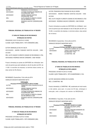 1517/2014 Tribunal Regional do Trabalho da 14ª Região 105
Data da Disponibilização: Quarta-feira, 16 de Julho de 2014
AUTOR EMANUELLE SILVA E SILVA
ADVOGADO CATRINE RODRIGUES RIBEIRO DE
OLIVEIRA(OAB: 3957)
ADVOGADO ANDRE FABIANO SANTOS
AGUIAR(OAB: 3393)
RÉU AUTO VIAÇÃO FLORESTA CIDADE
DO RIO BRANCO LTDA
ADVOGADO RODRIGO AIACHE CORDEIRO(OAB:
5529)
TRIBUNAL REGIONAL DO TRABALHO DA 14ª REGIÃO
2ª VARA DO TRABALHO DE RIO BRANCO
INTIMAÇÃO ÀS PARTES
PROCESSO: 0010115-38.2014.5.14.0402
CLASSE: AÇÃO TRABALHISTA - RITO ORDINÁRIO (985)
AUTOR: EMANUELLE SILVA E SILVA
ADVOGADO: ANDRE FABIANO SANTOS AGUIAR - OAB:
AC3393
RÉU: AUTO VIAÇÃO FLORESTA CIDADE DO RIO BRANCO LTDA
ADVOGADO: RODRIGO AIACHE CORDEIRO - OAB: RO5529
Fica(m) intimado(s) as partes da CERTIDÃO de id 60ca2ae, bem
como da perícia que será realizada no dia 22 de julho de 2014, às
11:00h, no escritório da empresa, no terminal urbano central, na
área central de Rio Branco.
RIO BRANCO, Quarta-feira, 16 de Julho de 2014.
OSWALDO DEODATO MONTEIRO NETO
Intimação
Processo Nº RTOrd-0010336-21.2014.5.14.0402
AUTOR FRANCISCA DAS CHAGAS DA SILVA
VIEIRA
ADVOGADO ANDRE FABIANO SANTOS
AGUIAR(OAB: 3393)
ADVOGADO CATRINE RODRIGUES RIBEIRO DE
OLIVEIRA(OAB: 3957)
RÉU AUTO VIAÇÃO FLORESTA CIDADE
DO RIO BRANCO LTDA
ADVOGADO RODRIGO AIACHE CORDEIRO(OAB:
5529)
TRIBUNAL REGIONAL DO TRABALHO DA 14ª REGIÃO
2ª VARA DO TRABALHO DE RIO BRANCO
INTIMAÇÃO ÀS PARTES
PROCESSO: 0010336-21.2014.5.14.0402
CLASSE: AÇÃO TRABALHISTA - RITO ORDINÁRIO (985)
AUTOR: FRANCISCA DAS CHAGAS DA SILVA VIEIRA
ADVOGADO: ANDRE FABIANO SANTOS AGUIAR - OAB:
AC3393
RÉU: AUTO VIAÇÃO FLORESTA CIDADE DO RIO BRANCO LTDA
ADVOGADO: RODRIGO AIACHE CORDEIRO - OAB: RO5529
Fica(m) intimado(s) as partes da CERTIDÃO do id 609ebb1, bem
como da perícia que será realizada no dia 23 dde julho de 2014, às
14:30h, no escritório da empresa, no terminal urbano, área central
de rio branco.
RIO BRANCO, Quarta-feira, 16 de Julho de 2014.
OSWALDO DEODATO MONTEIRO NETO
Intimação
Processo Nº RTSum-0010407-57.2013.5.14.0402
AUTOR MACKSON CORREA DE OLIVEIRA
ADVOGADO JORGE CARLOS MAIA DE
SOUSA(OAB: 1739)
RÉU J E MARTINS - ME
TRIBUNAL REGIONAL DO TRABALHO DA 14ª REGIÃO
2ª VARA DO TRABALHO DE RIO BRANCO
INTIMAÇÃO AO RECLAMADO
PROCESSO: 0010407-57.2013.5.14.0402
CLASSE: AÇÃO TRABALHISTA - RITO SUMARÍSSIMO (1125)
AUTOR: MACKSON CORREA DE OLIVEIRA
RÉU: J E MARTINS - ME
Fica(m) intimado(s) J E MARTINS - ME, atualmente em local incerto
e não sabido, para opor, no prazo de 05 dias, embargos à
execução, ante o bloqueio de valores via BACENJUD.
RIO BRANCO, Terça-feira, 15 de Julho de 2014.
OSWALDO DEODATO MONTEIRO NETO
Intimação
Processo Nº RTSum-0010411-94.2013.5.14.0402
AUTOR ANTONIO DEJACIR LOPES
OLIVEIRA
ADVOGADO MAYARA CRISTINE BANDEIRA DE
LIMA(OAB: 3580)
RÉU ATACADAO DISTRIBUICAO
COMERCIO E INDUSTRIA LTDA
ADVOGADO TOBIAS LEVI DE LIMA
MEIRELES(OAB: 3560)
Código para aferir autenticidade deste caderno: 77053
 