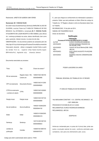 1517/2014 Tribunal Regional do Trabalho da 14ª Região 114
Data da Disponibilização: Quarta-feira, 16 de Julho de 2014
Reclamante: JANETE DE ALMEIDA LIMA VERDE
Reclamada: M. F. ROCHA FILHO
De ordem do(a) Excelentíssimo(a) Senhor(a) MARLENE ALVES DE
OLIVEIRA, Juiz(íza) Titular da 3ª VARA DO TRABALHO DE RIO
BRANCO, fica INTIMADA a reclamada M. F. ROCHA FILHO,
ATUALMENTE EM LUGAR INCERTO E NÃO SABIDO, para ciência
da r. sentença prolatada nos autos, abaixo identificada, bem como
para, querendo, interpor recurso, no prazo de oito dias.
OBSERVAÇÕES.: Os documentos poderão ser acessados pelo site
(http://pje.trt14.jus.br/primeirograu/Processo/ConsultaDocumento/list
View.seam), devendo utilizar o navegador mozilla Firefox a partir
da versão 10.2 ou superior (http://www.mozilla.org/pt-
BR/firefox/fx/), digitando a(s) chave(s) abaixo:
Documentos associados ao processo:
Título Tipo Chave de acesso**
RG da reclamante
Registro Geral - RG -
Carteira de
14060310421382100
000000848896
CPF da reclamante Documento Diverso
14060310421412300
000000848900
CTPS da reclamante
- contrato em aberto
CTPS
14060310421452600
000000848906
Petição Inicial Petição Inicial
14060310421357100
000000848889
Ata da Audiência Ata da Audiência
14063011020832200
000000944192
Edital Edital
14060514103645300
000000863419
Sentença Sentença
14071012521087100
000000989823
certidão de
publicação
Certidão
14060915513965100
000000875274
E, para que chegue ao conhecimento do interessado é passado o
presente Edital, que será publicado no Diário Oficial da Justiça do
Trabalho da 14ª Região e afixado no átrio da Secretaria desta Vara
do Trabalho.
RIO BRANCO/AC, 15 de julho de 2014.
SAMUEL DE FIGUEIRÊDO SILVA
Diretor de Secretaria
Notificação
Intimação
Processo Nº RTOrd-0010090-56.2013.5.14.0403
AUTOR EURICO RODRIGUES BARBOSA
ADVOGADO MYRIAN MARIANA PINHEIRO DA
SILVA(OAB: 3708)
ADVOGADO Leandro de Souza Martins(OAB: 3368)
RÉU JBS S/A
ADVOGADO ALEX JESUS AUGUSTO FILHO(OAB:
314946)
ADVOGADO RODRIGO AIACHE CORDEIRO(OAB:
5529)
PODER JUDICIÁRIO DA UNIÃO
TRIBUNAL REGIONAL DO TRABALHO DA 14ª REGIÃO
3ª VARA DO TRABALHO DE RIO BRANCO
RUA BENJAMIM CONSTANT, 1121, CENTRO, RIO BRANCO - AC
- CEP: 69900-064
PROCESSO Nº 0010090-56.2013.5.14.0403
RECLAMANTE(S): EURICO RODRIGUES BARBOSA
RECLAMADO(S): JBS S/A
DESPACHO
Intime-se a reclamada para, no prazo de 5 (cinco) dias, juntar aos
autos a evolução salarial do autor, conforme solicitado pela
contadoria, sob pena de arbitramento pelo Juízo;
Código para aferir autenticidade deste caderno: 77053
 