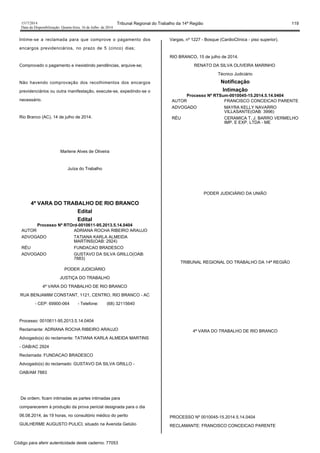 1517/2014 Tribunal Regional do Trabalho da 14ª Região 119
Data da Disponibilização: Quarta-feira, 16 de Julho de 2014
Intime-se a reclamada para que comprove o pagamento dos
encargos previdenciários, no prazo de 5 (cinco) dias;
Comprovado o pagamento e inexistindo pendências, arquive-se;
Não havendo comprovação dos recolhimentos dos encargos
previdenciários ou outra manifestação, execute-se, expedindo-se o
necessário.
Rio Branco (AC), 14 de julho de 2014.
Marlene Alves de Oliveira
Juíza do Trabalho
4ª VARA DO TRABALHO DE RIO BRANCO
Edital
Edital
Processo Nº RTOrd-0010611-95.2013.5.14.0404
AUTOR ADRIANA ROCHA RIBEIRO ARAUJO
ADVOGADO TATIANA KARLA ALMEIDA
MARTINS(OAB: 2924)
RÉU FUNDACAO BRADESCO
ADVOGADO GUSTAVO DA SILVA GRILLO(OAB:
7883)
PODER JUDICIÁRIO
JUSTIÇA DO TRABALHO
4ª VARA DO TRABALHO DE RIO BRANCO
RUA BENJAMIM CONSTANT, 1121, CENTRO, RIO BRANCO - AC
- CEP: 69900-064 - Telefone: (68) 32115640
Processo: 0010611-95.2013.5.14.0404
Reclamante: ADRIANA ROCHA RIBEIRO ARAUJO
Advogado(s) do reclamante: TATIANA KARLA ALMEIDA MARTINS
- OAB/AC 2924
Reclamada: FUNDACAO BRADESCO
Advogado(s) do reclamado: GUSTAVO DA SILVA GRILLO -
OAB/AM 7883
De ordem, ficam intimadas as partes intimadas para
comparecerem à produção da prova pericial designada para o dia
06.08.2014, às 19 horas, no consultório médico do perito
GUILHERME AUGUSTO PULICI, situado na Avenida Getúlio
Vargas, nº 1227 - Bosque (CardioClínica - piso superior).
RIO BRANCO, 15 de julho de 2014.
RENATO DA SILVA OLIVEIRA MARINHO
Técnico Judiciário
Notificação
Intimação
Processo Nº RTSum-0010045-15.2014.5.14.0404
AUTOR FRANCISCO CONCEICAO PARENTE
ADVOGADO MAYRA KELLY NAVARRO
VILLASANTE(OAB: 3996)
RÉU CERAMICA T. J. BARRO VERMELHO
IMP. E EXP. LTDA - ME
PODER JUDICIÁRIO DA UNIÃO
TRIBUNAL REGIONAL DO TRABALHO DA 14ª REGIÃO
4ª VARA DO TRABALHO DE RIO BRANCO
PROCESSO Nº 0010045-15.2014.5.14.0404
RECLAMANTE: FRANCISCO CONCEICAO PARENTE
Código para aferir autenticidade deste caderno: 77053
 