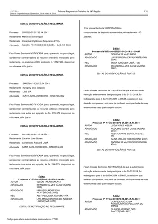 1517/2014 Tribunal Regional do Trabalho da 14ª Região 135
Data da Disponibilização: Quarta-feira, 16 de Julho de 2014
EDITAL DE NOTIFICAÇÃO À RECLAMADA
Processo : 0000555-25.2013.5.14.0041
Reclamante: Márcio da Silva Miguel
Reclamada : Impactual Vigilância e Segurança LTDA
Advogado : NILSON APARECIDO DE SOUZA – OAB-RO 3883
Fica Vossa Senhoria NOTIFICADA para, querendo, no prazo legal,
apresentar contrarrazões ao recurso ordinário interposto pelo
reclamante, via sistema e-DOC, protocolo n. 12127320, disponível
no sítiowww.trt14.jus.br.
EDITAL DE NOTIFICAÇÃO À RECLAMADA
Processo : 0000784-19.2012.5.14.0041
Reclamante : Gregory Silva Gregório
Reclamada : JBS S/A
Advogada : KÁTIA CARLOS RIBEIRO – OAB-RO 2402
Fica Vossa Senhoria NOTIFICADA, para, querendo, no prazo legal,
apresentar contrarrazões ao recurso adesivo interposto pelo
reclamante nos autos em epígrafe, às fls. 370-376 disponível no
sítio www.trt14.jus.br.
EDITAL DE NOTIFICAÇÃO À RECLAMADA
Processo : 0001197-66.2011.5.14.0041
Reclamante: Zacarias José Gomes
Reclamada : Construtora Aripuanã LTDA
Advogada : KÁTIA CARLOS RIBEIRO – OAB-RO 2402
Fica Vossa Senhoria NOTIFICADA para, querendo, no prazo legal,
apresentar contrarrazões ao recurso ordinário interposto pelo
reclamante nos autos em epígrafe, às fls. 264-279, disponível no
sítio www.trt14.jus.br.
Edital
Processo Nº RTOrd-0010066-13.2014.5.14.0041
AUTOR EDSON TAKAO SAKATA
ADVOGADO IRVANDRO ALVES DA SILVA(OAB:
5662)
ADVOGADO HERISSON MORESCHI
RICHTER(OAB: 3045)
RÉU ABS - PESQUISA AUTOMOTIVA
ADVOGADO LIVIA MARIA BARROS DE ALMEIDA
LISBOA(OAB: 6170)
EDITAL DE NOTIFICAÇÃO AO RECLAMANTE
Fica Vossa Senhoria NOTIFICADO dos
comprovantes de depósito apresentados pela reclamada - ID
2b6dfe5.
Edital
Processo Nº RTSum-0010215-09.2014.5.14.0041
AUTOR DIONI DA SILVA CLAROS
ADVOGADO LUIS FERREIRA CAVALCANTE(OAB:
2790)
RÉU MEGA BURGUER LTDA. - ME
ADVOGADO IRVANDRO ALVES DA SILVA(OAB:
5662)
EDITAL DE NOTIFICAÇÃO AS PARTES
Ficam Vossas Senhorias NOTIFICADAS de que a audiência de
instrução anteriormente designada para o dia 31-07-2014, foi
redesignada para o dia 16-09-2014 às 09h35, ocasião em que
deverão comparecer, sob pena de confesso, acompanhada de suas
testemunhas caso queira sejam ouvidas.
Edital
Processo Nº RTOrd-0010276-64.2014.5.14.0041
AUTOR LUZIA LOPES KIELBA
ADVOGADO RODOLFO SCHER DA SILVA(OAB:
2048)
RÉU RESTAURANTE SERVILAR LTDA -
ME
ADVOGADO KATIA CARLOS RIBEIRO(OAB: 2402)
ADVOGADO ANDREIA SILVA VRUCK ROSS(OAB:
4744)
EDITAL DE NOTIFICAÇÃO AS PARTES
Ficam Vossas Senhorias NOTIFICADAS de que a audiência de
instrução anteriormente designada para o dia 30-07-2014, foi
redesignada para o dia 09-09-2014 às 09h00, ocasião em que
deverão comparecer, sob pena de confesso, acompanhada de suas
testemunhas caso queira sejam ouvidas.
Edital
Processo Nº RTOrd-0010376-19.2014.5.14.0041
AUTOR CONFEDERACAO DA
AGRICULTURA E PECUARIA DO
BRASIL
ADVOGADO CLAUDIO ARSENIO DOS
SANTOS(OAB: 4917)
Código para aferir autenticidade deste caderno: 77053
 