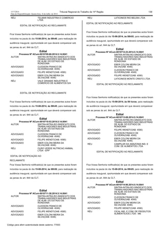 1517/2014 Tribunal Regional do Trabalho da 14ª Região 139
Data da Disponibilização: Quarta-feira, 16 de Julho de 2014
RÉU TELMAR INDUSTRIA E COMERCIO
LTDA
EDITAL DE NOTIFICAÇÃO AO RECLAMANTE
Fica Vossa Senhoria notificado(a) de que os presentes autos foram
incluídos na pauta do dia 15-08-2014, às 08h40, para realização de
audiência inaugural, oportunidade em que deverá comparecer sob
as penas do art. 844 da CLT.
Edital
Processo Nº ACum-0010709-68.2014.5.14.0041
AUTOR SINTRA-INTRA-RO-SINDICATO DOS
TRABALHADORES NAS INDUSTRIAS
DE ALIM. DO ESTADO DE
RONDONIA
ADVOGADO CLEDSON FRANCO DE
OLIVEIRA(OAB: 4049)
ADVOGADO FELIPE WENDT(OAB: 4590)
ADVOGADO EBER COLONI MEIRA DA
SILVA(OAB: 4046)
RÉU VALE GRANDE INDUSTRIA E
COMERCIO DE ALIMENTOS S/A
EDITAL DE NOTIFICAÇÃO AO RECLAMANTE
Fica Vossa Senhoria notificado(a) de que os presentes autos foram
incluídos na pauta do dia 15-08-2014, às 08h45, para realização de
audiência inaugural, oportunidade em que deverá comparecer sob
as penas do art. 844 da CLT.
Edital
Processo Nº ACum-0010710-53.2014.5.14.0041
AUTOR SINTRA-INTRA-RO-SINDICATO DOS
TRABALHADORES NAS INDUSTRIAS
DE ALIM. DO ESTADO DE
RONDONIA
ADVOGADO CLEDSON FRANCO DE
OLIVEIRA(OAB: 4049)
ADVOGADO FELIPE WENDT(OAB: 4590)
ADVOGADO EBER COLONI MEIRA DA
SILVA(OAB: 4046)
RÉU OURO VERDE NUTRICAO ANIMAL
LTDA - EPP
EDITAL DE NOTIFICAÇÃO AO
RECLAMANTE
Fica Vossa Senhoria notificado(a) de que os presentes autos foram
incluídos na pauta do dia 15-08-2014, às 08h50, para realização de
audiência inaugural, oportunidade em que deverá comparecer sob
as penas do art. 844 da CLT.
Edital
Processo Nº ACum-0010711-38.2014.5.14.0041
AUTOR SINTRA-INTRA-RO-SINDICATO DOS
TRABALHADORES NAS INDUSTRIAS
DE ALIM. DO ESTADO DE
RONDONIA
ADVOGADO CLEDSON FRANCO DE
OLIVEIRA(OAB: 4049)
ADVOGADO FELIPE WENDT(OAB: 4590)
ADVOGADO EBER COLONI MEIRA DA
SILVA(OAB: 4046)
RÉU LATICINIOS RIO BELEM LTDA
EDITAL DE NOTIFICAÇÃO AO RECLAMANTE
Fica Vossa Senhoria notificado(a) de que os presentes autos foram
incluídos na pauta do dia 15-08-2014, às 08h55, para realização de
audiência inaugural, oportunidade em que deverá comparecer sob
as penas do art. 844 da CLT.
Edital
Processo Nº ACum-0010712-23.2014.5.14.0041
AUTOR SINTRA-INTRA-RO-SINDICATO DOS
TRABALHADORES NAS INDUSTRIAS
DE ALIM. DO ESTADO DE
RONDONIA
ADVOGADO EBER COLONI MEIRA DA
SILVA(OAB: 4046)
ADVOGADO CLEDSON FRANCO DE
OLIVEIRA(OAB: 4049)
ADVOGADO FELIPE WENDT(OAB: 4590)
RÉU LATICINIOS MONTE CRISTO LTDA
EDITAL DE NOTIFICAÇÃO AO RECLAMANTE
Fica Vossa Senhoria notificado(a) de que os presentes autos foram
incluídos na pauta do dia 15-08-2014, às 09 horas, para realização
de audiência inaugural, oportunidade em que deverá comparecer
sob as penas do art. 844 da CLT.
Edital
Processo Nº ACum-0010713-08.2014.5.14.0041
AUTOR SINTRA-INTRA-RO-SINDICATO DOS
TRABALHADORES NAS INDUSTRIAS
DE ALIM. DO ESTADO DE
RONDONIA
ADVOGADO FELIPE WENDT(OAB: 4590)
ADVOGADO CLEDSON FRANCO DE
OLIVEIRA(OAB: 4049)
ADVOGADO EBER COLONI MEIRA DA
SILVA(OAB: 4046)
RÉU CAMPILAR DA AMAZONIA IND. E
COM. DE ALIMENTOS LTDA
EDITAL DE NOTIFICAÇÃO AO RECLAMANTE
Fica Vossa Senhoria notificado(a) de que os presentes autos foram
incluídos na pauta do dia 15-08-2014, às 09h05, para realização de
audiência inaugural, oportunidade em que deverá comparecer sob
as penas do art. 844 da CLT.
Edital
Processo Nº ACum-0010714-90.2014.5.14.0041
AUTOR SINTRA-INTRA-RO-SINDICATO DOS
TRABALHADORES NAS INDUSTRIAS
DE ALIM. DO ESTADO DE
RONDONIA
ADVOGADO CLEDSON FRANCO DE
OLIVEIRA(OAB: 4049)
ADVOGADO EBER COLONI MEIRA DA
SILVA(OAB: 4046)
ADVOGADO FELIPE WENDT(OAB: 4590)
RÉU CICAL IND. E COM. DE PRODUTOS
ALIMENTICIOS LTDA - ME
Código para aferir autenticidade deste caderno: 77053
 