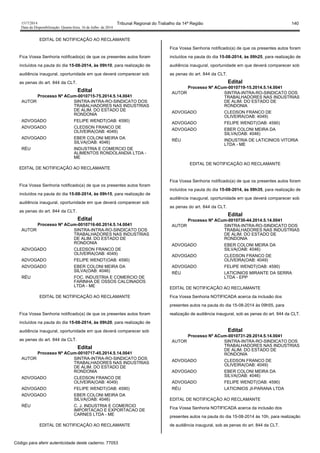 1517/2014 Tribunal Regional do Trabalho da 14ª Região 140
Data da Disponibilização: Quarta-feira, 16 de Julho de 2014
EDITAL DE NOTIFICAÇÃO AO RECLAMANTE
Fica Vossa Senhoria notificado(a) de que os presentes autos foram
incluídos na pauta do dia 15-08-2014, às 09h10, para realização de
audiência inaugural, oportunidade em que deverá comparecer sob
as penas do art. 844 da CLT.
Edital
Processo Nº ACum-0010715-75.2014.5.14.0041
AUTOR SINTRA-INTRA-RO-SINDICATO DOS
TRABALHADORES NAS INDUSTRIAS
DE ALIM. DO ESTADO DE
RONDONIA
ADVOGADO FELIPE WENDT(OAB: 4590)
ADVOGADO CLEDSON FRANCO DE
OLIVEIRA(OAB: 4049)
ADVOGADO EBER COLONI MEIRA DA
SILVA(OAB: 4046)
RÉU INDUSTRIA E COMERCIO DE
ALIMENTOS RONDOLANDIA LTDA -
ME
EDITAL DE NOTIFICAÇÃO AO RECLAMANTE
Fica Vossa Senhoria notificado(a) de que os presentes autos foram
incluídos na pauta do dia 15-08-2014, às 09h15, para realização de
audiência inaugural, oportunidade em que deverá comparecer sob
as penas do art. 844 da CLT.
Edital
Processo Nº ACum-0010716-60.2014.5.14.0041
AUTOR SINTRA-INTRA-RO-SINDICATO DOS
TRABALHADORES NAS INDUSTRIAS
DE ALIM. DO ESTADO DE
RONDONIA
ADVOGADO CLEDSON FRANCO DE
OLIVEIRA(OAB: 4049)
ADVOGADO FELIPE WENDT(OAB: 4590)
ADVOGADO EBER COLONI MEIRA DA
SILVA(OAB: 4046)
RÉU FOC. INDUSTRIA E COMERCIO DE
FARINHA DE OSSOS CALCINADOS
LTDA - ME
EDITAL DE NOTIFICAÇÃO AO RECLAMANTE
Fica Vossa Senhoria notificado(a) de que os presentes autos foram
incluídos na pauta do dia 15-08-2014, às 09h20, para realização de
audiência inaugural, oportunidade em que deverá comparecer sob
as penas do art. 844 da CLT.
Edital
Processo Nº ACum-0010717-45.2014.5.14.0041
AUTOR SINTRA-INTRA-RO-SINDICATO DOS
TRABALHADORES NAS INDUSTRIAS
DE ALIM. DO ESTADO DE
RONDONIA
ADVOGADO CLEDSON FRANCO DE
OLIVEIRA(OAB: 4049)
ADVOGADO FELIPE WENDT(OAB: 4590)
ADVOGADO EBER COLONI MEIRA DA
SILVA(OAB: 4046)
RÉU C. J. INDUSTRIA E COMERCIO
IMPORTACAO E EXPORTACAO DE
CARNES LTDA - ME
EDITAL DE NOTIFICAÇÃO AO RECLAMANTE
Fica Vossa Senhoria notificado(a) de que os presentes autos foram
incluídos na pauta do dia 15-08-2014, às 09h25, para realização de
audiência inaugural, oportunidade em que deverá comparecer sob
as penas do art. 844 da CLT.
Edital
Processo Nº ACum-0010719-15.2014.5.14.0041
AUTOR SINTRA-INTRA-RO-SINDICATO DOS
TRABALHADORES NAS INDUSTRIAS
DE ALIM. DO ESTADO DE
RONDONIA
ADVOGADO CLEDSON FRANCO DE
OLIVEIRA(OAB: 4049)
ADVOGADO FELIPE WENDT(OAB: 4590)
ADVOGADO EBER COLONI MEIRA DA
SILVA(OAB: 4046)
RÉU INDUSTRIA DE LATICINIOS VITORIA
LTDA - ME
EDITAL DE NOTIFICAÇÃO AO RECLAMANTE
Fica Vossa Senhoria notificado(a) de que os presentes autos foram
incluídos na pauta do dia 15-08-2014, às 09h35, para realização de
audiência inaugural, oportunidade em que deverá comparecer sob
as penas do art. 844 da CLT.
Edital
Processo Nº ACum-0010730-44.2014.5.14.0041
AUTOR SINTRA-INTRA-RO-SINDICATO DOS
TRABALHADORES NAS INDUSTRIAS
DE ALIM. DO ESTADO DE
RONDONIA
ADVOGADO EBER COLONI MEIRA DA
SILVA(OAB: 4046)
ADVOGADO CLEDSON FRANCO DE
OLIVEIRA(OAB: 4049)
ADVOGADO FELIPE WENDT(OAB: 4590)
RÉU LATICINIOS MIRANTE DA SERRA
LTDA - EPP
EDITAL DE NOTIFICAÇÃO AO RECLAMANTE
Fica Vossa Senhoria NOTIFICADA acerca da inclusão dos
presentes autos na pauta do dia 15-08-2014 às 09h55, para
realização de audiência inaugural, sob as penas do art. 844 da CLT.
Edital
Processo Nº ACum-0010731-29.2014.5.14.0041
AUTOR SINTRA-INTRA-RO-SINDICATO DOS
TRABALHADORES NAS INDUSTRIAS
DE ALIM. DO ESTADO DE
RONDONIA
ADVOGADO CLEDSON FRANCO DE
OLIVEIRA(OAB: 4049)
ADVOGADO EBER COLONI MEIRA DA
SILVA(OAB: 4046)
ADVOGADO FELIPE WENDT(OAB: 4590)
RÉU LATICINIOS JI-PARANA LTDA
EDITAL DE NOTIFICAÇÃO AO RECLAMANTE
Fica Vossa Senhoria NOTIFICADA acerca da inclusão dos
presentes autos na pauta do dia 15-08-2014 às 10h, para realização
de audiência inaugural, sob as penas do art. 844 da CLT.
Código para aferir autenticidade deste caderno: 77053
 