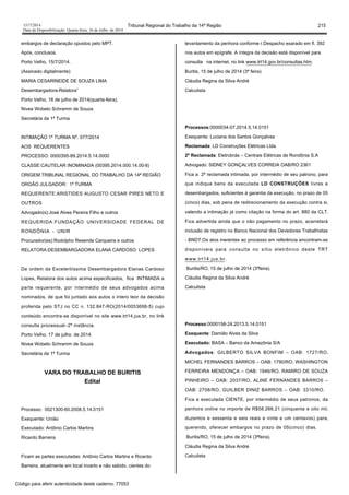 1517/2014 Tribunal Regional do Trabalho da 14ª Região 215
Data da Disponibilização: Quarta-feira, 16 de Julho de 2014
embargos de declaração opostos pelo MPT.
Após, conclusos.
Porto Velho, 15/7/2014.
(Assinado digitalmente)
MARIA CESARINEIDE DE SOUZA LIMA
Desembargadora-Relatora”
Porto Velho, 16 de julho de 2014(quarta-feira).
Nivea Wobeto Schramm de Souza
Secretária da 1ª Turma
INTIMAÇÃO 1ª TURMA Nº. 077/2014
AOS REQUERENTES
PROCESSO: 0000395-89.2014.5.14.0000
CLASSE:CAUTELAR INOMINADA (00395.2014.000.14.00-8)
ORIGEM:TRIBUNAL REGIONAL DO TRABALHO DA 14ª REGIÃO
ORGÃO JULGADOR: 1ª TURMA
REQUERENTE:ARISTIDES AUGUSTO CESAR PIRES NETO E
OUTROS
Advogado(s):José Alves Pereira Filho e outros
REQUERIDA:FUNDAÇÃO UNIVERSIDADE FEDERAL DE
RONDÔNIA - UNIR
Procurador(es):Rodolpho Resende Cerqueira e outros
RELATORA:DESEMBARGADORA ELANA CARDOSO LOPES
De ordem da Excelentíssima Desembargadora Elanas Cardoso
Lopes, Relatora dos autos acima especificados, fica INTIMADA a
parte requerente, por intermédio de seus advogados acima
nominados, de que foi juntado aos autos o intero teor da decisão
proferida pelo STJ no CC n. 132.847-RO(2014/0053698-5) cujo
conteúdo encontra-se disponível no site www.trt14.jus.br, no link
consulta processual–2ª instância.
Porto Velho, 17 de julho de 2014.
Nivea Wobeto Schramm de Souza
Secretária da 1ª Turma
VARA DO TRABALHO DE BURITIS
Edital
Processo: 0021300-60.2008.5.14.0151
Exequente: União
Executado: Antônio Carlos Martins
Ricardo Barreira
Ficam as partes executadas: Antônio Carlos Martins e Ricardo
Barreira, atualmente em local incerto e não sabido, cientes do
levantamento da penhora conforme r.Despacho exarado em fl. 392
nos autos em epígrafe. A íntegra da decisão está disponível para
consulta na internet, no link www.trt14.gov.br/consultas.htm.
Buritis, 15 de julho de 2014 (3ª feira)
Cláudia Regina da Silva André
Calculista
Processos:0000034-07.2014.5.14.0151
Exequente: Luciana dos Santos Gonçalves
Reclamada: LD Construções Elétricas Ltda
2ª Reclamada: Eletrobrás – Centrais Elétricas de Rondônia S.A
Advogado: SIDNEY GONÇALVES CORREIA OAB/RO 2361
Fica a 2ª reclamada intimada, por intermédio de seu patrono, para
que indique bens da executada LD CONSTRUÇÕES livres e
desembargados, suficientes à garantia da execução, no prazo de 05
(cinco) dias, sob pena de redirecionamento da execução contra si,
valendo a intimação já como citação na forma do art. 880 da CLT.
Fica advertida ainda que o não pagamento no prazo, acarretará
inclusão de registro no Banco Nacional dos Devedores Trabalhistas
- BNDT.Os atos inerentes ao processo em referência encontram-se
disponíveis para consulta no sítio eletrônico deste TRT
www.trt14.jus.br.
Buritis/RO, 15 de julho de 2014 (3ªfeira).
Cláudia Regina da Silva André
Calculista
Processo:0000158-24.2013.5.14.0151
Exequente: Damião Alves da Silva
Executado: BASA – Banco da Amazônia S/A
Advogados: GILBERTO SILVA BONFIM – OAB: 1727/RO,
MICHEL FERNANDES BARROS – OAB: 1790/RO, WASHINGTON
FERREIRA MENDONÇA – OAB: 1946/RO, RAMIRO DE SOUZA
PINHEIRO – OAB: 2037/RO, ALINE FERNANDES BARROS –
OAB: 2708/RO, GUILBER DINIZ BARROS – OAB: 3310/RO.
Fica a executada CIENTE, por intermédio de seus patronos, da
penhora online no importe de R$58.266,21 (cinquenta e oito mil,
duzentos e sessenta e seis reais e vinte e um centavos) para,
querendo, oferecer embargos no prazo de 05(cinco) dias.
Buritis/RO, 15 de julho de 2014 (3ªfeira).
Cláudia Regina da Silva André
Calculista
Código para aferir autenticidade deste caderno: 77053
 