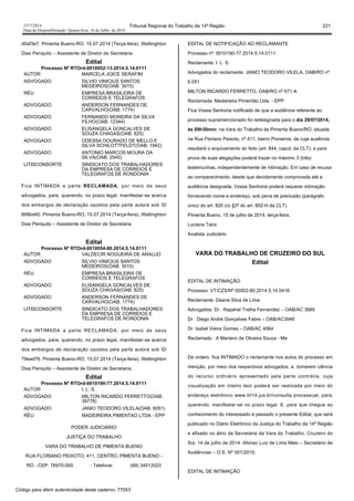 1517/2014 Tribunal Regional do Trabalho da 14ª Região 221
Data da Disponibilização: Quarta-feira, 16 de Julho de 2014
d0af3e7. Pimenta Bueno-RO, 15.07.2014 (Terça-feira). Wellinghton
Dias Periquito – Assistente de Diretor de Secretaria.
Edital
Processo Nº RTOrd-0010052-13.2014.5.14.0111
AUTOR MARCELA JOICE SERAFIM
ADVOGADO SILVIO VINICIUS SANTOS
MEDEIROS(OAB: 3015)
RÉU EMPRESA BRASILEIRA DE
CORREIOS E TELEGRAFOS
ADVOGADO ANDERSON FERNANDES DE
CARVALHO(OAB: 1774)
ADVOGADO FERNANDO MOREIRA DA SILVA
FILHO(OAB: 12344)
ADVOGADO ELISANGELA GONCALVES DE
SOUZA CHAGAS(OAB: 825)
ADVOGADO ODESSA DOURADO DE MELLO E
SILVA SCHILOTTFELDT(OAB: 1942)
ADVOGADO ANTONIO MARCOS MOURA DA
SILVA(OAB: 2045)
LITISCONSORTE SINDICATO DOS TRABALHADORES
DA EMPRESA DE CORREIOS E
TELEGRAFOS DE RONDONIA
Fica INTIMADA a parte RECLAMADA, por meio de seus
advogados, para, querendo, no prazo legal, manifestar-se acerca
dos embargos de declaração opostos pela parte autora sob ID
668bd40. Pimenta Bueno-RO, 15.07.2014 (Terça-feira). Wellinghton
Dias Periquito – Assistente de Diretor de Secretaria.
Edital
Processo Nº RTOrd-0010054-80.2014.5.14.0111
AUTOR VALDECIR NOGUEIRA DE ARAUJO
ADVOGADO SILVIO VINICIUS SANTOS
MEDEIROS(OAB: 3015)
RÉU EMPRESA BRASILEIRA DE
CORREIOS E TELEGRAFOS
ADVOGADO ELISANGELA GONCALVES DE
SOUZA CHAGAS(OAB: 825)
ADVOGADO ANDERSON FERNANDES DE
CARVALHO(OAB: 1774)
LITISCONSORTE SINDICATO DOS TRABALHADORES
DA EMPRESA DE CORREIOS E
TELEGRAFOS DE RONDONIA
Fica INTIMADA a parte RECLAMADA, por meio de seus
advogados, para, querendo, no prazo legal, manifestar-se acerca
dos embargos de declaração opostos pela parte autora sob ID
79eed76. Pimenta Bueno-RO, 15.07.2014 (Terça-feira). Wellinghton
Dias Periquito – Assistente de Diretor de Secretaria.
Edital
Processo Nº RTOrd-0010190-77.2014.5.14.0111
AUTOR I. L. S.
ADVOGADO MILTON RICARDO FERRETTO(OAB:
39778)
ADVOGADO JANIO TEODORO VILELA(OAB: 6051)
RÉU MADEIREIRA PIMENTAO LTDA - EPP
PODER JUDICIÁRIO
JUSTIÇA DO TRABALHO
VARA DO TRABALHO DE PIMENTA BUENO
RUA FLORIANO PEIXOTO, 411, CENTRO, PIMENTA BUENO -
RO - CEP: 76970-000 - Telefone: (69) 34512023
EDITAL DE NOTIFICAÇÃO AO RECLAMANTE
Processo nº: 0010190-77.2014.5.14.0111
Reclamante: I. L. S.
Advogados do reclamante: JANIO TEODORO VILELA, OAB/RO nº
6.051
MILTON RICARDO FERRETTO, OAB/RO nº 571-A
Reclamada: Madeireira Pimentão Ltda. - EPP
Fica Vossa Senhoria notificado de que a audiência referente ao
processo supramencionado foi redesignada para o dia 29/07/2014,
às 09h30min, na Vara do Trabalho de Pimenta Bueno/RO, situada
na Rua Floriano Peixoto, nº 411, bairro Pioneiros, de cuja ausência
resultará o arquivamento do feito (art. 844, caput, da CLT); e para
prova de suas alegações poderá trazer no máximo 3 (três)
testemunhas, independentemente de intimação. Em caso de recusa
ao comparecimento, desde que devidamente comprovada até a
audiência designada, Vossa Senhoria poderá requerer intimação
fornecendo nome e endereço, sob pena de preclusão (parágrafo
único do art. 825 c/c §3º do art. 852-H da CLT).
Pimenta Bueno, 15 de julho de 2014, terça-feira.
Luciana Taira
Analista Judiciário
VARA DO TRABALHO DE CRUZEIRO DO SUL
Edital
EDITAL DE INTIMAÇÃO
Processo: VT/CZS/Nº 00002-80.2014.5.14.0416
Reclamante: Deane Silva de Lima
Advogados: Dr. Rapahel Trelha Fernandez – OAB/AC 3685
Dr. Diego André Gonçalves Fabre – OAB/AC3946
Dr. Isabel Vieira Gomes – OAB/AC 4064
Reclamado : A Mariano de Oliveira Souza - Me
De ordem, fica INTIMADO o reclamante nos autos do processo em
menção, por meio dos respectivos advogados, a tomarem ciência
do recurso ordinário apresentado pela parte contrária, cuja
visualização em inteiro teor poderá ser realizada por meio do
endereço eletrônico www.trt14.jus.br/consulta processual, para,
querendo, manifestar-se no prazo legal. E, para que chegue ao
conhecimento do interessado é passado o presente Edital, que será
publicado no Diário Eletrônico da Justiça do Trabalho da 14ª Região
e afixado no átrio da Secretaria da Vara do Trabalho. Cruzeiro do
Sul, 14 de julho de 2014. Afonso Luiz de Lima Melo – Secretário de
Audiências – O.S. Nº 001/2010.
EDITAL DE INTIMAÇÃO
Código para aferir autenticidade deste caderno: 77053
 