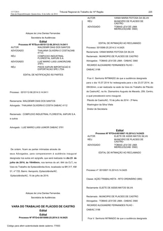 1517/2014 Tribunal Regional do Trabalho da 14ª Região 225
Data da Disponibilização: Quarta-feira, 16 de Julho de 2014
Adeyse de Lima Dantas Fernandes
Secretária de Audiências
Edital
Processo Nº RTSum-0010112-56.2014.5.14.0411
AUTOR WALDEMIR DIAS DOS SANTOS
ADVOGADO THAUANA OLIVEIRA E COSTA(OAB:
4112)
RÉU COMPLEXO INDUSTRIAL
FLORESTAL XAPURI S.A.
ADVOGADO LUIZ MARIO LUIGI JUNIOR(OAB:
3791)
RÉU PISOS XAPURI IMPORTACAO E
EXPORTACAO SPE LTDA
EDITAL DE NOTIFICAÇÃO ÀS PARTES
Processo : 0010112-56.2014.5.14.0411
Reclamante: WALDEMIR DIAS DOS SANTOS
Advogada : THAUANA OLIVEIRA E COSTA OAB/AC 4112
Reclamado : COMPLEXO INDUSTRIAL FLORESTAL XAPURI S.A.
e outros
Advogado : LUIZ MARIO LUIGI JUNIOR OAB/AC 3791
De ordem, ficam as partes intimadas através de
seus Advogados, para comparecerem à audiência inaugural
designada nos autos em epígrafe, que será realizada no dia 23 de
julho de 2014, às 10h40min, nos termos do art. 844 da CLT, na
Vara do Trabalho de Epitaciolândia-Acre, localizada na BR 317, KM
01, nº 725, Bairro: Aeroporto, Epitaciolândia/AC.
Epitaciolândia/AC, 15 de julho de 2014.
Adeyse de Lima Dantas Fernandes
Secretária de Audiências
VARA DO TRABALHO DE PLÁCIDO DE CASTRO
Edital
Edital
Processo Nº RTOrd-0010066-25.2014.5.14.0425
AUTOR VANIA MARIA FEITOSA DA SILVA
RÉU MUNICIPIO DE PLACIDO DE
CASTRO
ADVOGADO TOBIAS LEVI DE LIMA
MEIRELES(OAB: 3560)
EDITAL DE INTIMAÇÃO AO RECLAMADO
Processo: 0010066-25.2014.5.14.0425
Reclamante: VANIA MARIA FEITOSA DA SILVA
Reclamado : MUNICIPIO DE PLACIDO DE CASTRO
Advogados : TOBIAS LEVI DE LIMA - OAB/AC 3560
RICARDO ALEXANDRE FERNANDES FILHO -
OAB/AC 3196
Fica V. Senhoria INTIMADO de que a audiência designada
para o dia 15.07.2014 foi redesignada para o dia 23.07.2014, às
09h30min, a ser realizada na sede da Vara do Trabalho de Plácido
de Castro/AC, na Av. Diamantino Augusto de Macedo, 259, Centro,
a qual prevalecerá como inaugural.
Plácido de Castro/AC, 15 de julho de 2014 - 3ª-feira.
Washington da Silva Vilela
Diretor de Secretaria
Edital
Processo Nº RTOrd-0010067-10.2014.5.14.0425
AUTOR ELIETE DE ASSIS MATOS SILVA
RÉU MUNICIPIO DE PLACIDO DE
CASTRO
ADVOGADO TOBIAS LEVI DE LIMA
MEIRELES(OAB: 3560)
EDITAL DE INTIMAÇÃO AO RECLAMADO
Processo nº: 0010067-10.2014.5.14.0425
Classe: AÇÃO TRABALHISTA - RITO ORDINÁRIO (985)
Reclamante: ELIETE DE ASSIS MATOS SILVA
Reclamado : MUNICIPIO DE PLACIDO DE CASTRO
Advogados : TOBIAS LEVI DE LIMA - OAB/AC 3560
RICARDO ALEXANDRE FERNANDES FILHO -
OAB/AC 3196
Fica V. Senhoria INTIMADO de que a audiência designada
Código para aferir autenticidade deste caderno: 77053
 