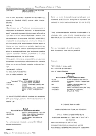 1517/2014 Tribunal Regional do Trabalho da 14ª Região 3
Data da Disponibilização: Quarta-feira, 16 de Julho de 2014
ADVOGADO CARLOS FERNANDO DE SIQUEIRA
CASTRO(OAB: 5014)
Ficam as partes, AUTOR-RECLAMANTE E REU-RECLAMADO(A),
intimados da r. Decisão ID 1b3507f, conforme a seguir transcrito:
“DECISÃO
Vistos etc.
1.Considerando que a 1ª reclamada anexou aos autos os
comprovantes de recolhimento das custas e do depósito recursal,
que o 2º reclamado é dispensado do devido preparo, na forma da lei
e que ambos os recursos ordinários(IDs 6a8e17e e 9de3e2e) foram
interpostos dentro do prazo legal (03/07/2014 e 09/07/2014),
considerando o decurso de prazo para recurso até os dias
04/07/2014 e 22/07/2014, respectivamente, conforme registro no
sistema, bem como encontram-se assinados digitalmente por
advogados com poderes nos autos (ID 579229) e tem por objeto a
reforma da sentença de mérito que julgou parcialmente procedente
a presente reclamatória trabalhista, encaminhem-se os autos à
superior apreciação do e. TRT da 14ª Região.
2.Antes, porém, intimem-se as partes contrárias para, querendo,
apresentarem contrarrazões aos respectivos recursos ordinários.
3.Após, com ou sem manifestação das partes, cumpra-se o item 1
supra.
Porto Velho/RO, 15.07.2014.
ANA CÉLIA DE ALMEIDA SOARES
Juíza do Trabalho Substituta”. LMT
Edital
Processo Nº RTSum-0010549-60.2014.5.14.0003
AUTOR JESSICA SOUZA MENDONCA
ADVOGADO JOVANA ALVES CANTAREIRA(OAB:
303980)
RÉU CENTRO DE CULTURA, ESPORTE E
LAZER INFANTO JUVENIL LTDA. -
ME
Fica o(a) AUTOR(A)-RECLAMANTE intimado(a) para apresentar a
CTPS para anotação, conforme determinado na sentença ID
5a69206.LMT
Edital
Processo Nº RTSum-0010656-07.2014.5.14.0003
AUTOR ANGELA MARIA LABORDA PRESTES
ADVOGADO PABLO ROSA CORREA CRANEIRO
DE ANDRADE(OAB: 4635)
RÉU DEPARTAMENTO ESTADUAL DE
TRANSITO
Fica a parte reclamante intimada da r. sentença ID nº 693c3a3,
conforme transcrito abaixo:
"SENTENÇA
Diante do pedido de desistência apresentado pela parte
reclamante, HOMOLOGO-O, extinguindo-se o processo sem
resolução do mérito, nos termos do artigo 267, VIII do CPC.
Custas processuais pela parte reclamante, no valor de R$725,29,
calculadas sobre o valor atribuído à causa na petição inicial
(R$14.505,99), de cujo recolhimento está isento, na forma da lei.
Retire-se o feito de pauta e dê-se ciência às partes.
Após, arquivem-se os autos, sem mais pendências.
Nada mais.
PORTO VELHO, 11 de julho de 2014
ANA CÉLIA DE ALMEIDA SOARES
Juíza do Trabalho Substituta"
Notificação
Intimação
Processo Nº RTSum-0010012-64.2014.5.14.0003
AUTOR RONALDO ARAUJO DOS SANTOS
ADVOGADO ALBANISA PEREIRA PEDRACA(OAB:
3201)
RÉU SEABRA EMPREENDIMENTOS
IMOBILIARIOS LTDA.
ADVOGADO ERICA VARGAS VOLPON(OAB: 1960)
ADVOGADO RODRIGO DE CARVALHO
ZAULI(OAB: 71933)
PODER JUDICIÁRIO DA UNIÃO
TRIBUNAL REGIONAL DO TRABALHO – 14ª REGIÃO
3ª VARA DO TRABALHO DE PORTO VELHO
Rua Prudente de Moraes, 2313, Centro, PORTO VELHO - RO -
CEP: 76801-039
PROCESSO Nº 0010012-64.2014.5.14.0003
RECLAMANTE(S): RONALDO ARAUJO DOS SANTOS
RECLAMADO(S): SEABRA EMPREENDIMENTOS IMOBILIARIOS
Código para aferir autenticidade deste caderno: 77053
 