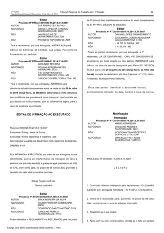 1517/2014 Tribunal Regional do Trabalho da 14ª Região 69
Data da Disponibilização: Quarta-feira, 16 de Julho de 2014
Edital
Processo Nº RTSum-0010613-58.2014.5.14.0007
AUTOR EVA FREIRE DE CASTRO
ADVOGADO GISELE LOPES SA CANDIDO
MARCULINO(OAB: 5429)
RÉU HAVAN LOJAS DE
DEPARTAMENTOS LTDA
RÉU PRO MEIO TOPOGRAFIA LTDA
Fica a reclamante, pro sua advogada, NOTIFICADA para
ciência da Sentença ID b33f62c, que julgou Parcialmente
Procedente os pedidos.
Edital
Processo Nº RTSum-0010668-21.2014.5.14.0003
AUTOR CARLINDO TEIXEIRA
ADVOGADO POLIANA PEREIRA NEVES
VIEIRA(OAB: 5735)
RÉU H.B. CONSTRUCOES E
INCORPORACOES LTDA - ME
RÉU CARJOR CONSTRUTORA LTDA - ME
Fica o reclamante, por sua advogada, INTIMADO para
ciência da inclusão dos presentes autos na pauta do dia 29 de julho
de 2014 (terça-feira), às 08h20min (oito horas e vinte minutos),
para audiência que prevalecerá como inaugural, oportunidade em
que deverá se fazer presente, com as advertência legais, para o
caso de ausência injustificada.
EDITAL DE INTIMAÇÃO AO EXECUTADO
Processo:0000125-78.2013.5.14.0007
Exequente: Edney Lemos de Souza
Executada: Rocha Segurança e Vigilância Ltda.
ADVOGADA:VALDELISE MARTINS DOS SANTOS FERREIRA,
OAB/RO 6151
Fica INTIMADA a EXECUTADA, por meio de sua advogada, acima
identificada, acerca do indeferimento da indicação de bens à
penhora, eis que não atendida a gradação legal prevista no art. 655
do CPC, bem como para, no prazo de 05 (cinco) dias, proceder o
depósito do valor dos honorários periciais.
Sidclei Teixeira da Frota
Técnico Judiciário
Edital
Processo Nº RTOrd-0010209-07.2014.5.14.0007
AUTOR ERICK MOREIRA DA SILVA
ADVOGADO VALNEI FERREIRA GOMES(OAB:
3529)
RÉU CONSORCIO SANTO ANTONIO CIVIL
ADVOGADO CAROLINE FRANCA
FERREIRA(OAB: 2713)
Ficam intimados o RECLAMANTE e o RECLAMADO para, no prazo
de 05 (cinco) dias, manifestarem-se acerca do laudo complementar
de ID 4914434, sob pena de preclusão.
Edital
Processo Nº RTOrd-0010541-71.2014.5.14.0007
AUTOR DAYANE LOPES DO NASCIMENTO
ADVOGADO DAGUIMAR LUSTOSA NOGUEIRA
CAVALCANTE(OAB: 4120)
RÉU L. R. DE OLIVEIRA - ME
RÉU I. N. SILVA - ME
Ficam as partes, reclamante, por sua advogada, e 1ª
reclamada, L.R. DE OLIVEIRA-ME – CNPJ nº17.309.553/0001-23 ,
atualmente em local incerto ou não sabido, INTIMADAS para
ciência da data da perícia designada pelo Perito Dr. NELSON
SUGUI, para o dia 29 de julho de 2014 (terça-feira), às 10hs (dez
horas), na sede da reclamada, sito Rua Cascavel, nº 3110, bairro
Tiradentes, Município Porto Velho/RO
Ônus das partes: cientificar o assistente técnico,
eventualmente indicado, da data, horário e local da perícia.
Notificação
Intimação
Processo Nº RTOrd-0010056-71.2014.5.14.0007
AUTOR MARIO KONAGESKI
ADVOGADO GECILENE ANTUNES
FAUSTINO(OAB: 2474)
RÉU RONDONIA TRANSPORTES E
SERVICOS LTDA - EPP
ADVOGADO MANUELLE FREITAS DE
ALMEIDA(OAB: 16383/O)
PROCESSO Nº 0010056-71.2014.5.14.0007
D E C I S Ã O
1. O recurso adesivo interposto pelo reclamante - ID d2aeb89,
subscrito por advogada habilitada - ID 440312, é tempestivo.
2. Intime-se a reclamada, para, querendo, no prazo de 08 (oito)
dias, contrarrazoar o recurso adesivo interposto.
3. Registrem-se o que couber.
4. Após, com ou sem contrarrazões, remeta-se o feito ao egrégio
Código para aferir autenticidade deste caderno: 77053
 