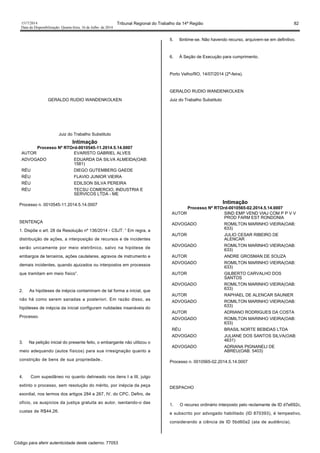 1517/2014 Tribunal Regional do Trabalho da 14ª Região 82
Data da Disponibilização: Quarta-feira, 16 de Julho de 2014
GERALDO RUDIO WANDENKOLKEN
Juiz do Trabalho Substituto
Intimação
Processo Nº RTOrd-0010545-11.2014.5.14.0007
AUTOR EVARISTO GABRIEL ALVES
ADVOGADO EDUARDA DA SILVA ALMEIDA(OAB:
1581)
RÉU DIEGO GUTEMBERG GAEDE
RÉU FLAVIO JUNIOR VIEIRA
RÉU EDILSON SILVA PEREIRA
RÉU TECSU COMERCIO, INDUSTRIA E
SERVICOS LTDA - ME
Processo n. 0010545-11.2014.5.14.0007
SENTENÇA
1. Dispõe o art. 28 da Resolução nº 136/2014 - CSJT: “ Em regra, a
distribuição de ações, a interposição de recursos e de incidentes
serão unicamente por meio eletrônico, salvo na hipótese de
embargos de terceiros, ações cautelares, agravos de instrumento e
demais incidentes, quando ajuizados ou interpostos em processos
que tramitam em meio físico”.
2. As hipóteses de inépcia contaminam de tal forma a inicial, que
não há como serem sanadas a posteriori. Em razão disso, as
hipóteses de inépcia da inicial configuram nulidades insanáveis do
Processo.
3. Na petição inicial do presente feito, o embargante não utilizou o
meio adequando (autos físicos) para sua irresignação quanto a
constrição de bens de sua propriedade..
4. Com supedâneo no quanto delineado nos itens I a III, julgo
extinto o processo, sem resolução do mérito, por inépcia da peça
exordial, nos termos dos artigos 284 e 267, IV, do CPC. Defiro, de
ofício, os auspícios da justiça gratuita ao autor, isentando-o das
custas de R$44,26.
5. Ibntime-se. Não havendo recurso, arquivem-se em definitivo.
6. À Seção de Execução para cumprimento.
Porto Velho/RO, 14/07/2014 (2ª-feira).
GERALDO RUDIO WANDENKOLKEN
Juiz do Trabalho Substituto
Intimação
Processo Nº RTOrd-0010565-02.2014.5.14.0007
AUTOR SIND EMP VEND VIAJ COM P P V V
PROD FARM EST RONDONIA
ADVOGADO ROMILTON MARINHO VIEIRA(OAB:
633)
AUTOR JULIO CESAR RIBEIRO DE
ALENCAR
ADVOGADO ROMILTON MARINHO VIEIRA(OAB:
633)
AUTOR ANDRE GROSMAN DE SOUZA
ADVOGADO ROMILTON MARINHO VIEIRA(OAB:
633)
AUTOR GILBERTO CARVALHO DOS
SANTOS
ADVOGADO ROMILTON MARINHO VIEIRA(OAB:
633)
AUTOR RAPHAEL DE ALENCAR SAUNIER
ADVOGADO ROMILTON MARINHO VIEIRA(OAB:
633)
AUTOR ADRIANO RODRIGUES DA COSTA
ADVOGADO ROMILTON MARINHO VIEIRA(OAB:
633)
RÉU BRASIL NORTE BEBIDAS LTDA
ADVOGADO JULIANE DOS SANTOS SILVA(OAB:
4631)
ADVOGADO ADRIANA PIGNANELI DE
ABREU(OAB: 5403)
Processo n. 0010565-02.2014.5.14.0007
DESPACHO
1. O recurso ordinário interposto pelo reclamante de ID d7e692c,
e subscrito por advogado habilitado (ID 870393), é tempestivo,
considerando a ciência de ID 5bd60a2 (ata de audiência).
Código para aferir autenticidade deste caderno: 77053
 