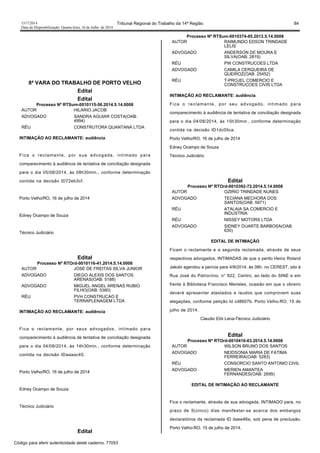 1517/2014 Tribunal Regional do Trabalho da 14ª Região 84
Data da Disponibilização: Quarta-feira, 16 de Julho de 2014
8ª VARA DO TRABALHO DE PORTO VELHO
Edital
Edital
Processo Nº RTSum-0010115-56.2014.5.14.0008
AUTOR HILARIO JACOB
ADVOGADO SANDRA AGUIAR COSTA(OAB:
4994)
RÉU CONSTRUTORA QUANTANA LTDA
INTIMAÇÃO AO RECLAMANTE: audiência
Fica o reclamante, por sua advogada, intimado para
comparecimento à audiência de tentativa de conciliação designada
para o dia 05/08/2014, às 08h30min., conforme determinação
contida na decisão ID72eb3cf.
Porto Velho/RO, 16 de julho de 2014
Edney Ocampo de Souza
Técnico Judiciário
Edital
Processo Nº RTOrd-0010116-41.2014.5.14.0008
AUTOR JOSE DE FREITAS SILVA JUNIOR
ADVOGADO DIEGO ALEXIS DOS SANTOS
ARENAS(OAB: 5188)
ADVOGADO MIGUEL ANGEL ARENAS RUBIO
FILHO(OAB: 5380)
RÉU PVH CONSTRUCAO E
TERRAPLENAGEM LTDA
INTIMAÇÃO AO RECLAMANTE: audiência
Fica o reclamante, por seus advogados, intimado para
comparecimento à audiência de tentativa de conciliação designada
para o dia 04/08/2014, às 14h30min., conforme determinação
contida na decisão IDaaaac45.
Porto Velho/RO, 16 de julho de 2014
Edney Ocampo de Souza
Técnico Judiciário
Edital
Processo Nº RTSum-0010374-85.2013.5.14.0008
AUTOR RAIMUNDO EDSON TRINDADE
LELIS
ADVOGADO ANDERSON DE MOURA E
SILVA(OAB: 2819)
RÉU PW CONSTRUCOES LTDA
ADVOGADO CAMILA CERQUEIRA DE
QUEIROZ(OAB: 25452)
RÉU T-PROJEL COMERCIO E
CONSTRUCOES CIVIS LTDA
INTIMAÇÃO AO RECLAMANTE: audiência
Fica o reclamante, por seu advogado, intimado para
comparecimento à audiência de tentativa de conciliação designada
para o dia 04/08/2014, às 15h30min., conforme determinação
contida na decisão ID1dc05ca.
Porto Velho/RO, 16 de julho de 2014
Edney Ocampo de Souza
Técnico Judiciário
Edital
Processo Nº RTOrd-0010392-72.2014.5.14.0008
AUTOR OZIRIO TRINDADE NUNES
ADVOGADO TECIANA MECHORA DOS
SANTOS(OAB: 5971)
RÉU ATALAIA SA COMERCIO E
INDUSTRIA
RÉU NISSEY MOTORS LTDA
ADVOGADO SIDNEY DUARTE BARBOSA(OAB:
630)
EDITAL DE INTIMAÇÃO
Ficam o reclamante e a segunda reclamada, através de seus
respectivos advogados, INTIMADAS de que o perito Heinz Roland
Jakobi agendou a perícia para 4/8/2014, às 08h, no CEREST, sito à
Rua José do Patrocínio, n° 822, Centro, ao lado do SINE e em
frente à Biblioteca Francisco Meireles, ocasião em que o obreiro
deverá apresentar atestados e laudos que comprovem suas
alegações, conforme petição Id cd8607b. Porto Velho-RO, 15 de
julho de 2014.
Claudio Elói Lena-Técnico Judiciário
Edital
Processo Nº RTOrd-0010416-03.2014.5.14.0008
AUTOR WILSON BRUNO DOS SANTOS
ADVOGADO NEIDSONIA MARIA DE FATIMA
FERREIRA(OAB: 5283)
RÉU CONSORCIO SANTO ANTONIO CIVIL
ADVOGADO MERIEN AMANTEA
FERNANDES(OAB: 2695)
EDITAL DE INTIMAÇÃO AO RECLAMANTE
Fica o reclamante, através de sua advogada, INTIMADO para, no
prazo de 5(cinco) dias manifestar-se acerca dos embargos
declaratóiros da reclamada ID daee46a, sob pena de preclusão.
Porto Velho-RO, 15 de julho de 2014.
Código para aferir autenticidade deste caderno: 77053
 