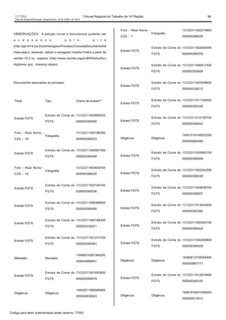 1517/2014 Tribunal Regional do Trabalho da 14ª Região 96
Data da Disponibilização: Quarta-feira, 16 de Julho de 2014
OBSERVAÇÕES.: A petição inicial e documentos poderão ser
a c e s s a d o s p e l o s i t e
(http://pje.trt14.jus.br/primeirograu/Processo/ConsultaDocumento/list
View.seam), devendo utilizar o navegador mozilla Firefox a partir da
versão 10.2 ou superior (http://www.mozilla.org/pt-BR/firefox/fx/),
digitando a(s) chave(s) abaixo:
Documentos associados ao processo
Título Tipo Chave de acesso**
Extrato FGTS
Extrato de Conta do
FGTS
13122311502689200
000000390556
Foto - Real Norte -
CZS - 19
Fotografia
13122311492186200
000000388253
Extrato FGTS
Extrato de Conta do
FGTS
13122311495067300
000000390459
Foto - Real Norte -
CZS - 16
Fotografia
13122311493830700
000000388240
Extrato FGTS
Extrato de Conta do
FGTS
13122311502185100
000000390536
Extrato FGTS
Extrato de Conta do
FGTS
13122311495388800
000000390495
Extrato FGTS
Extrato de Conta do
FGTS
13122311490188300
000000338221
Extrato FGTS
Extrato de Conta do
FGTS
13122311501273100
000000390561
Mandado Mandado
14060610281394200
000000866851
Extrato FGTS
Extrato de Conta do
FGTS
13122311501642600
000000390579
Diligência Diligência
14052911585085900
000000830543
Foto - Real Norte -
CZS - 7
Fotografia
13122311493219900
000000388204
Extrato FGTS
Extrato de Conta do
FGTS
13122311503400000
000000390578
Extrato FGTS
Extrato de Conta do
FGTS
13122311485917400
000000333826
Extrato FGTS
Extrato de Conta do
FGTS
13122311491639600
000000338212
Extrato FGTS
Extrato de Conta do
FGTS
13122311511164500
000000393336
Extrato FGTS
Extrato de Conta do
FGTS
13122311510100700
000000390643
Diligência Diligência
14061016140632300
000000882468
Extrato FGTS
Extrato de Conta do
FGTS
13122311502850100
000000390608
Extrato FGTS
Extrato de Conta do
FGTS
13122311502242500
000000390538
Extrato FGTS
Extrato de Conta do
FGTS
13122311503638700
000000390627
Extrato FGTS
Extrato de Conta do
FGTS
13122311513634600
000000393362
Extrato FGTS
Extrato de Conta do
FGTS
13122311492520100
000000390400
Extrato FGTS
Extrato de Conta do
FGTS
13122311500284800
000000390529
Diligência Diligência
14060612155005400
000000867771
Extrato FGTS
Extrato de Conta do
FGTS
13122311512916900
000000393335
Diligência Diligência
14061816401558000
000000912913
Código para aferir autenticidade deste caderno: 77053
 