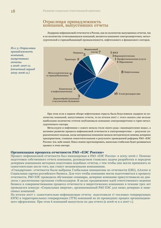 18 Развитие социально ответственной практики 
Отраслевая принадлежность 
компаний, выпустивших отчеты 
Лидерами нефинансовой отчетности в России, как по количеству выпущенных отчетов, так 
и по количеству отчитывающихся компаний, являются компании электроэнергетики, метал- 
лургической и горнодобывающей промышленности, нефтегазового и финансового секторов. 
1 
1 
1 
1 
8 
Пищевая 
3 16 
Транспорт 
2 
9 
2 
3 
7 
Нефтегазовая 
Элееекккттрроэнергетика 
Металлургическая 
и горнодобывающая 
Химическая 
и нефтехимическая 
Деревообрабатывающая 
и целлюлозно-бумажная 
Финансовый 
сектор ЖКХ 
Фармацевтическая 
Профессиональные услуги 
Образование 
При этом если в первом обзоре нефтегазовая отрасль была безусловным лидером по ко- 
личеству компаний, выпустивших отчеты, то по итогам 2007 г. этого сказать уже нельзя: 
наибольшее количество отчетов опубликовали компании электроэнергетики и горно-метал- 
лургического сектора. 
Металлурги и нефтяники с самого начала стали своего рода «законодателями моды», а 
активное развитие процесса нефинансовой отчетности в электроэнергетике — результат уп- 
равленческого подхода, когда материнская компания оказала методическую помощь дочерним 
предприятиям, ставшим самостоятельными в результате проведенной реформы РАО «ЕЭС 
России» (см. кейс ниже). Пока сложно прогнозировать, насколько стабильно будет развиваться 
процесс в этом секторе. 
Илл 3. Отраслевая 
принадлежность 
компаний, 
выпустивших 
отчеты 
в 2006–2007 гг. 
(отчетный период 
2005–2006 гг.) 
Организация процесса отчетности РАО «ЕЭС России» 
Процесс нефинансовой отчетности был инициирован в РАО «ЕЭС России» в 2005–2006 г. Помимо 
подготовки собственного отчета компании, руководством ставилась задача разработки и передачи 
дочерним компаниям методики подготовки подобных отчетов, с тем чтобы они могли применять ее 
самостоятельно после того, как станут независимыми компаниями. 
«Стандартами» отчетности были выбраны Глобальная инициатива по отчетности (GRI), АА1000 и 
Социальная хартия российского бизнеса. Для того чтобы компании могли подготовиться к процессу 
отчетности, РАО ЕЭС проводила обучающие семинары, дочерние компании присутствовали на диа- 
логах с различными группами стейкхолдеров. В целях продвижения идей ответственного ведения 
бизнеса и совершенствования процесса отчетности в энергетических компаниях в течение трех лет 
проводился конкурс «Социальная энергия», организованный РАО ЕЭС для своих дочерних и зави- 
симых компаний. 
По итогам 2007 г. самостоятельно нефинансовые отчеты подготовили 17 тепловых генерирующих 
(ОГК) и территориальных генерирующих (ТГК) компаний из 20 прошедших процесс организацион- 
ного оформления. При этом 6 компаний выпустили по два отчета (в 2006-м и в 2007 г.). 
 