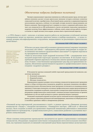 52 Развитие социально ответственной практики 
Документ отражает состояние диалога между структурами региональной власти и бизнеса 
по большому количеству вопросов, связанных с присутствием предприятий компаний на данной 
территории, и фиксирует обязательства обеих сторон на различные сроки. Предметом соглашений 
(помимо чисто экономических вопросов) может являться очень широкий круг тем: 
• инвестиции в капитальное строительство и социальную инфраструктуру жизнеобес- 
печения; 
• осуществление проектов государственно-частного партнерства; 
• обеспечение потребностей региона в продукции компании; 
• улучшение экологической ситуации в регионах, в которых расположено большое коли- 
чество промышленных предприятий, особенно введенных в действие 30–50 лет назад; 
• сдерживание роста безработицы и др. 
Соглашения можно рассматривать и как инструмент поиска баланса между социальным 
и экономическим развитием территорий (т.е. устойчивого развития), в котором основными 
игроками являются, естественно, бизнес и власть. 
«В своей региональной политике Компания придерживается следующих приоритетов: 
• совместное участие в инвестиционных проектах на территории области; 
• развитие материально-технической базы предприятий; 
• социальные гарантии и занятость работников; 
• социально-экономическое развитие регионов; 
• рациональное использование природных ресурсов; 
• решение социальных и экологических вопросов. 
Как видно, помимо вопросов, связанных с развитием промышленного потенциала территорий и ста- 
бильной работы предприятий СИБУРа, Компания берет на себя дополнительные обязательства, ко- 
торые имеют в большей степени социальный характер». 
Из отчета ОАО «СИБУР Холдинг» за 2006 г. 
«На реализацию региональной социальной политики СУЭК в 2006 г. направлено 530,4 млн руб., из 
них в рамках соглашений о социально-экономическом сотрудничестве с региональными органами 
государственной власти — около 400 млн руб.» 
Из отчета ОАО «СУЭК» за 2006 г. 
«Фундаментом партнерства является соглашение о социально-экономическом сотрудничестве 
НОВАТЭК с администрацией Ямало-Ненецкого АО, а также соглашения с отдельными районами. В 
соответствии с ними определены конкретные мероприятия, которые проводятся с учетом приори- 
тетных задач развития территорий». 
Из отчета ОАО «НОВАТЭК» за 2005 г. 
При этом, читая отчеты, довольно сложно бывает отделить проекты, имеющие в основном 
социальную направленность, от проектов вполне коммерческого характера, но социального 
назначения. По крайней мере, сами компании в своих отчетах четкой границы не проводят. 
В приведенных ниже примерах представлены в основном крупные инвестиции, связанные 
с поддержанием уровня жизнеобеспечения в региона. Проекты же, имеющие в большей степе- 
ни социальный характер, представлены в другом разделе настоящего обзора. 
«При решающей поддержке ОАО «ММК» происходит строительство общественно значимых со- 
циальных объектов... Наиболее значимыми среди них за последнее время являются: аэропорт г. 
Магнитогорска... 
Из отчета ОАО «Магнитогорская 
металлургическая компания» за 2006 г. 
«… в 2005 г. на финансирование районных целевых программ было направлено 228 млн руб., из ко- 
торых около половины потрачено на обновление ветхого муниципального жилого фонда, проведение 
капитальных ремонтов и строительство новых домов. Другими значимыми программами являются 
программа реформирования и модернизации жилищно-коммунального хозяйства и целевая про- 
 