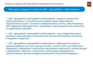 Принципы создания и развития АИС «Досудебного обжалования»
•  АИС «Досудебного (внесудебного) обжалования» является компонентом
(организационным и технологическим) единой среды представления
государственных услуг и комплекса информационных систем, обеспечивающих
ИКТ поддержку взаимодействия с гражданами и организациями при исполнении
государственных функций.
•  АИС «Досудебного (внесудебного) обжалования» носит инфраструктурный
характер и функционирует на пространстве Российской Федерации по единым
стандартам и правилам.
•  АИС «Досудебного (внесудебного) обжалования» формируется исходя из
принципа иерархии доступа к данным системы, четкого учета и регламентации
обращений к информации о результатах рассмотрения претензий и жалоб граждан
и организаций, связанных с решениями и действиями (бездействием)
соответствующих органов государственной власти Российской Федерации.
Концепция создания АИС«Досудебного (внесудебного) обжалования»
 