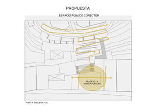 PROPUESTA
                     ESPACIO PÚBLICO CONECTOR




                                     PLAZA DE LA
                                   MÚSICA POPULAR




PLANTA ESQUEMÁTICA
 