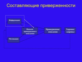 Составляющие приверженности
Мотивация
Навыки
приверженного
поведения
Информация
Приверженное
поведение
Хорошее
здоровье
 