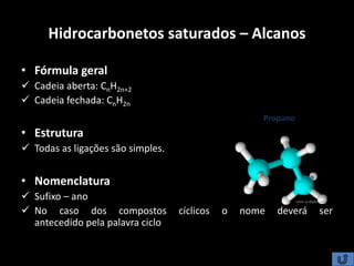 Hidrocarbonetos saturados – Alcanos
• Fórmula geral
 Cadeia aberta: CnH2n+2
 Cadeia fechada: CnH2n
• Estrutura
 Todas as ligações são simples.
• Nomenclatura
 Sufixo – ano
 No caso dos compostos cíclicos o nome deverá ser
antecedido pela palavra ciclo
CH2
CH3CH3
Propano
 