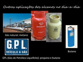 Outras aplicações dos alcanos no dia-a-dia
Gás natural: metano
GPL (Gás de Petróleo Liquefeito): propano e butano
Butano
 