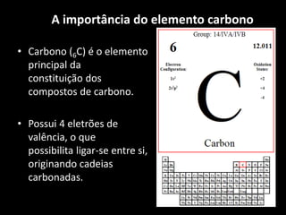 A importância do elemento carbono
• Carbono (6C) é o elemento
principal da
constituição dos
compostos de carbono.
• Possui 4 eletrões de
valência, o que
possibilita ligar-se entre si,
originando cadeias
carbonadas.
 